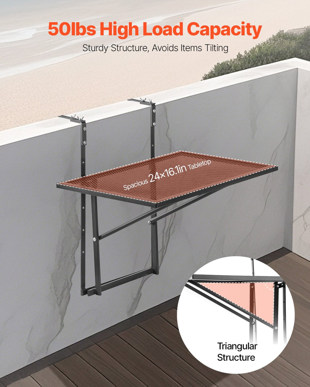 Pakabinamas balkono staliukas VEVOR DL-BC02, 61 x 41 cm