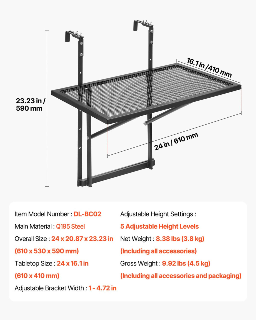 Pakabinamas balkono staliukas VEVOR DL-BC02, 61 x 41 cm