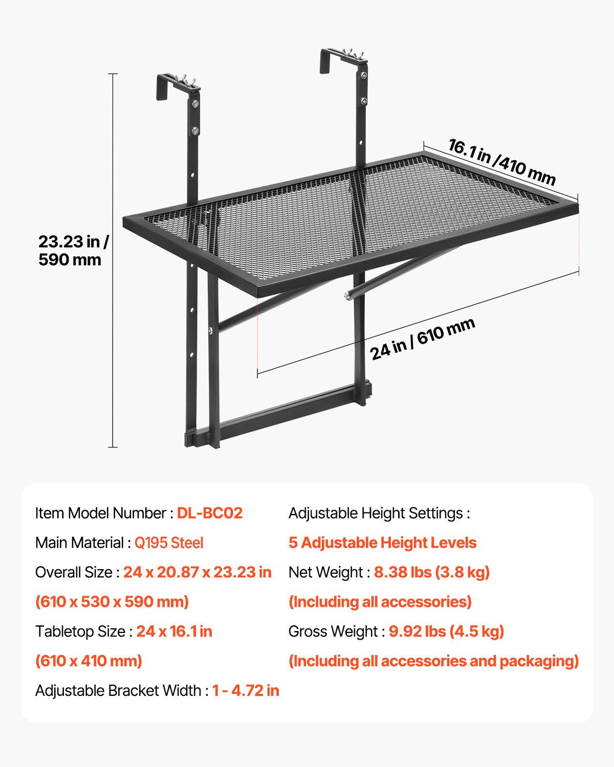 Pakabinamas balkono staliukas VEVOR DL-BC02, 61 x 41 cm