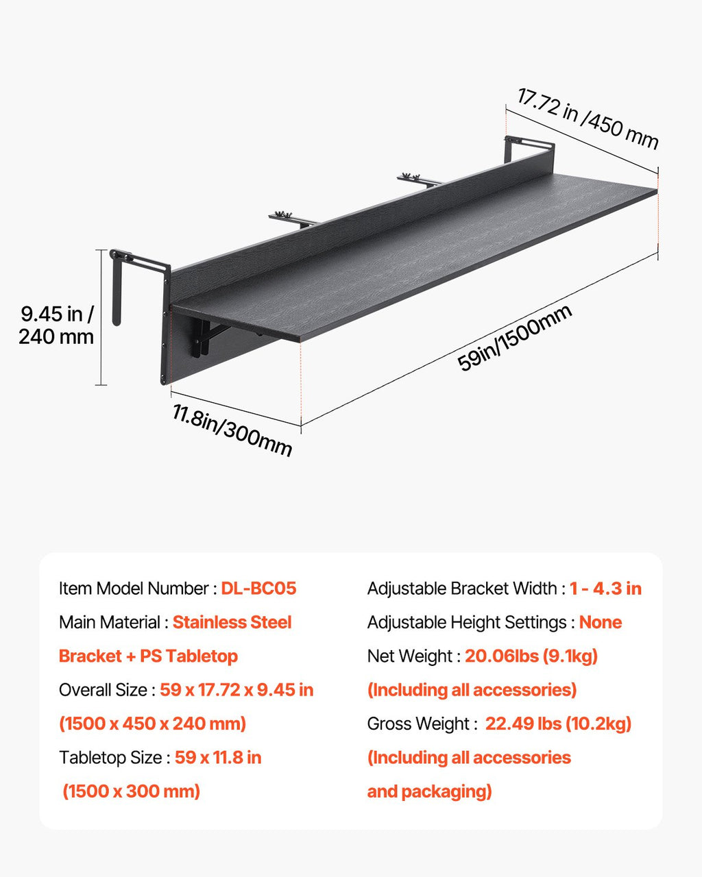 Pakabinamas balkono stalas VEVOR DL-BC05, 150 cm ilgio
