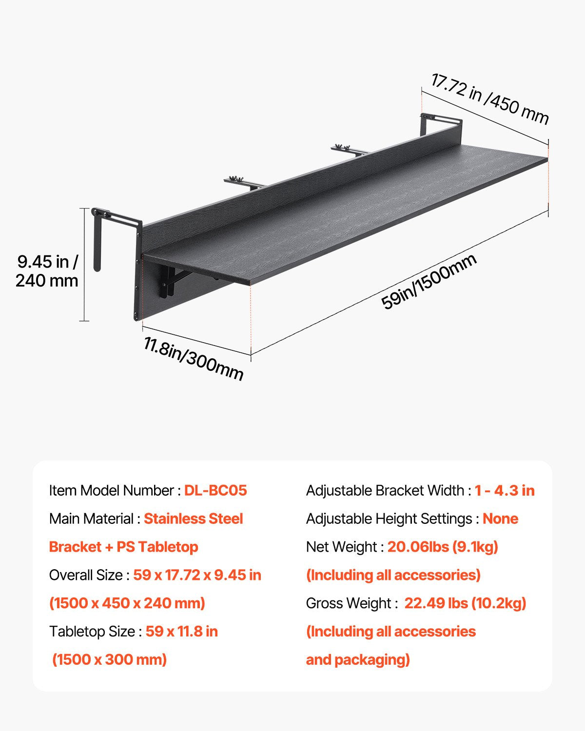 Pakabinamas balkono stalas VEVOR DL-BC05, 150 cm ilgio