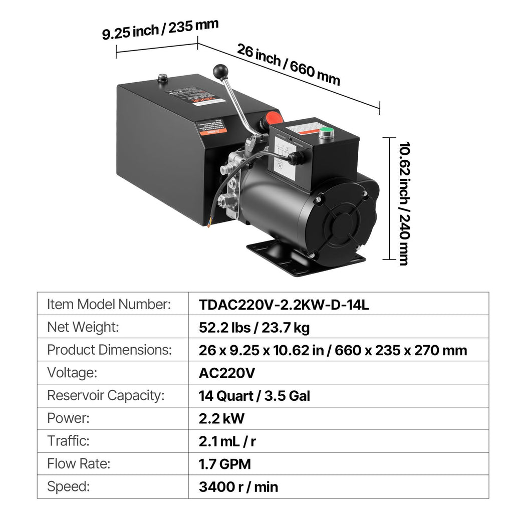 Hidraulinė stotelė VEVOR TDAC220V-2.2KW-D-14L, 14 L