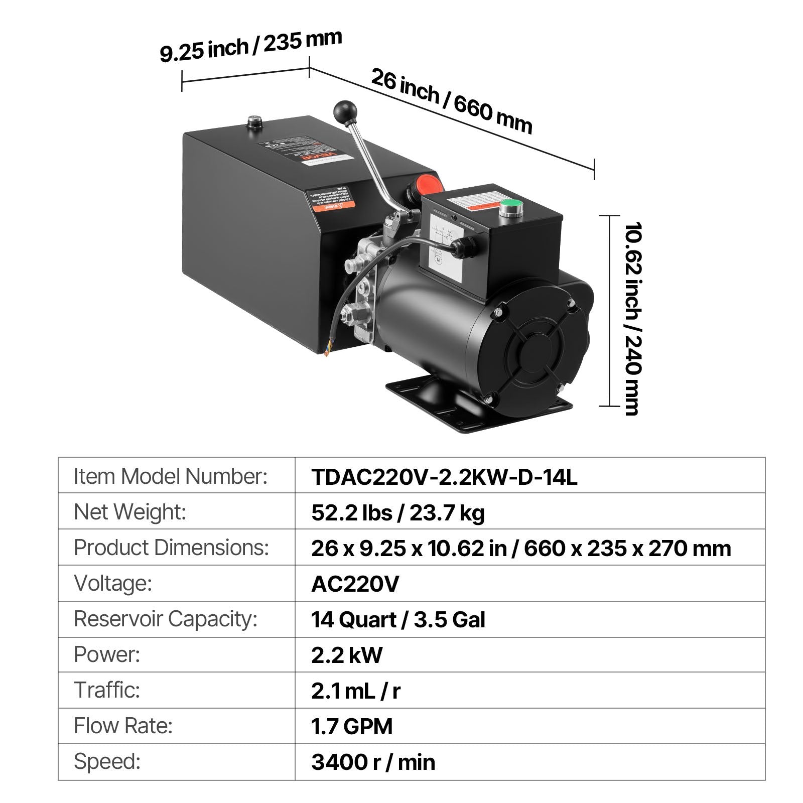 Hidraulinė stotelė VEVOR TDAC220V-2.2KW-D-14L, 14 L
