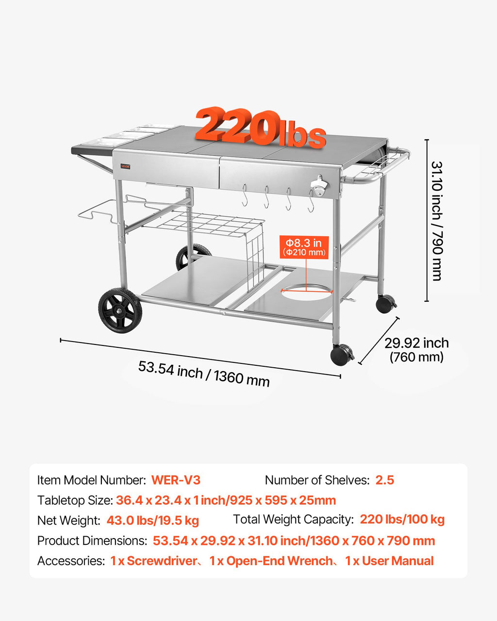 Lauko kepsninės vežimėlis VEVOR WER-V3, 925 x 595 mm stalviršis