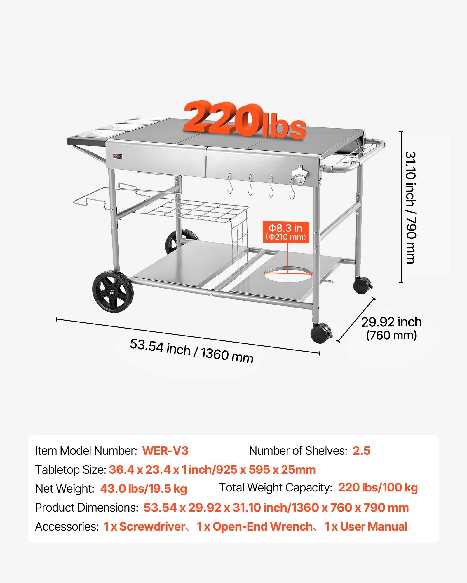 Lauko kepsninės vežimėlis VEVOR WER-V3, 925 x 595 mm stalviršis