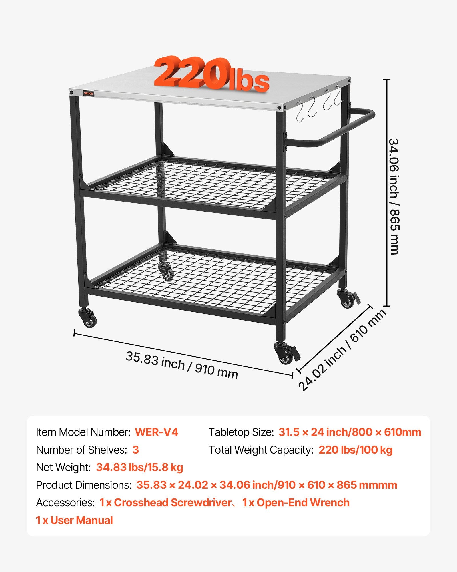 Lauko kepsninės vežimėlis VEVOR WER-V4, 800 x 610 mm