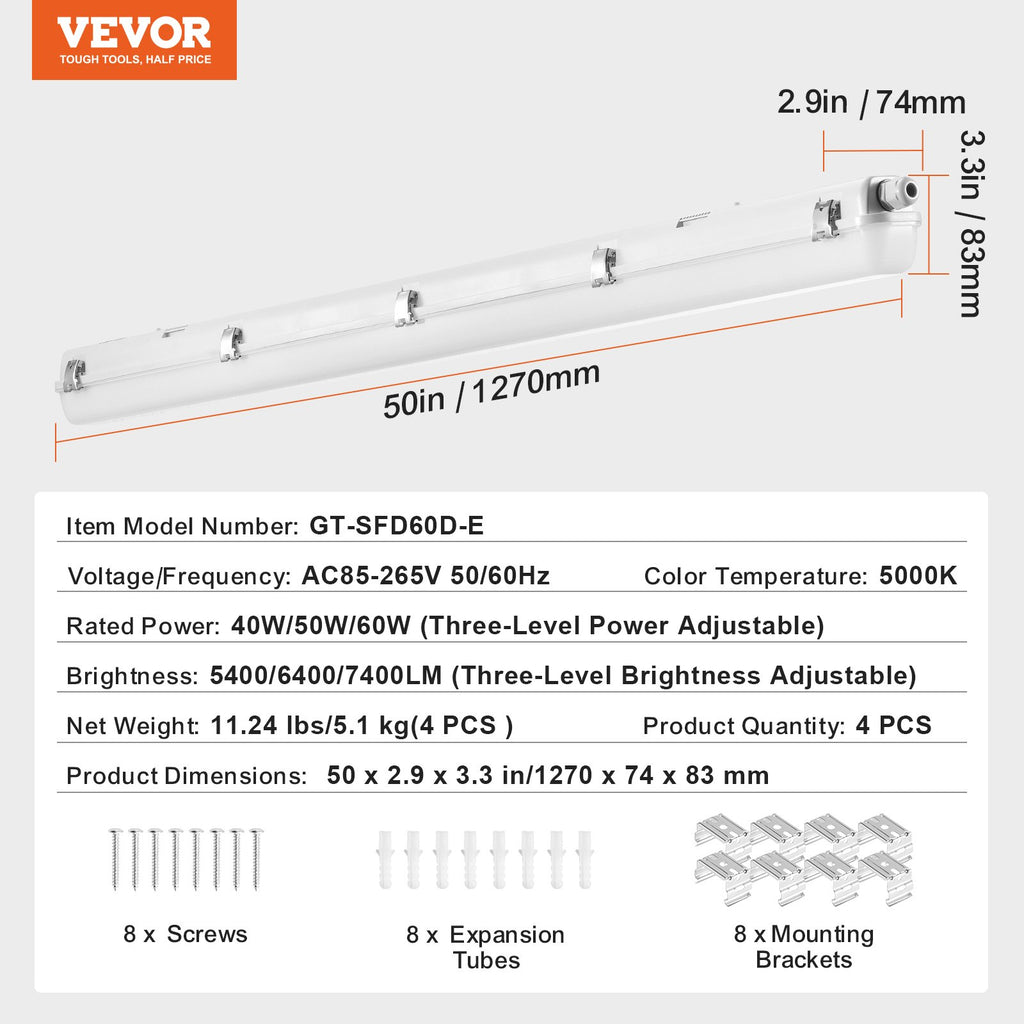 LED drėgmei atsparus šviestuvas VEVOR GT-SFD60D-E, 60W