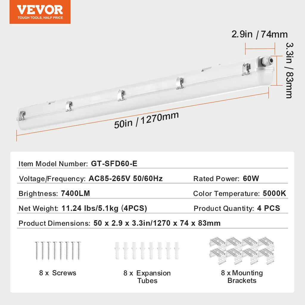 LED drėgmei atsparus šviestuvas VEVOR GT-SFD60-E, 60W