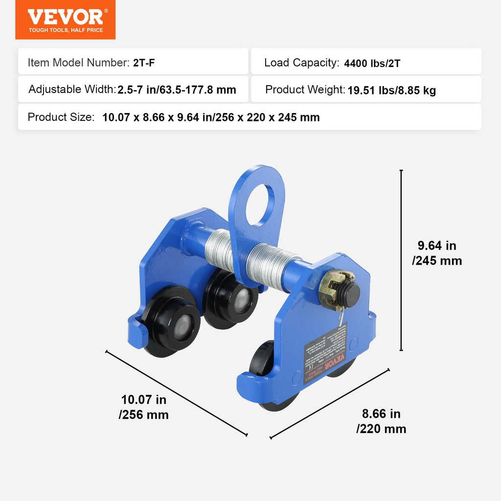 Rankinis vežimėlis sijos kėlimo mechanizmui VEVOR 2T-F, 2 t keliamoji galia