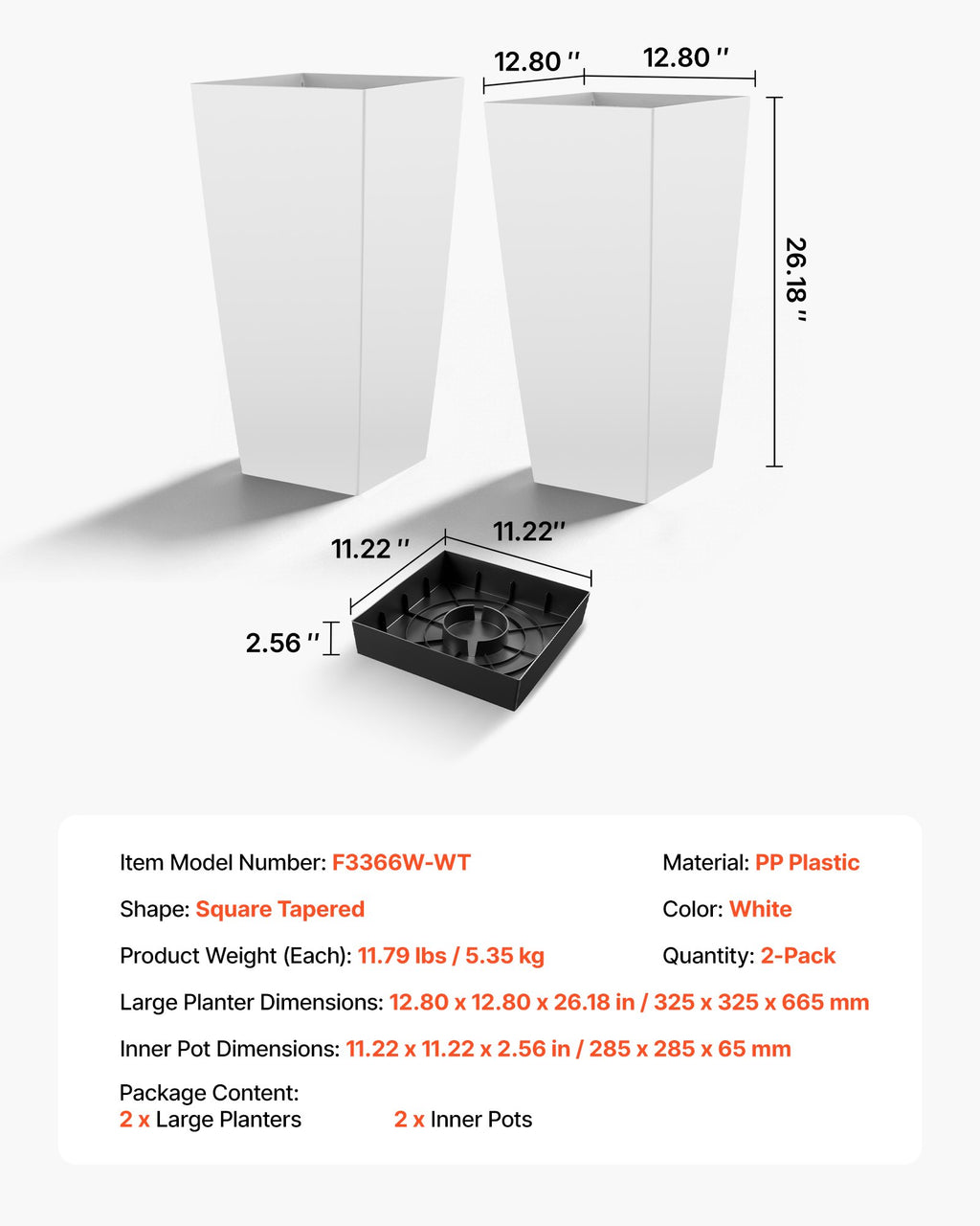 Aukšti lauko vazonai VEVOR F3366W-WT, 665 mm