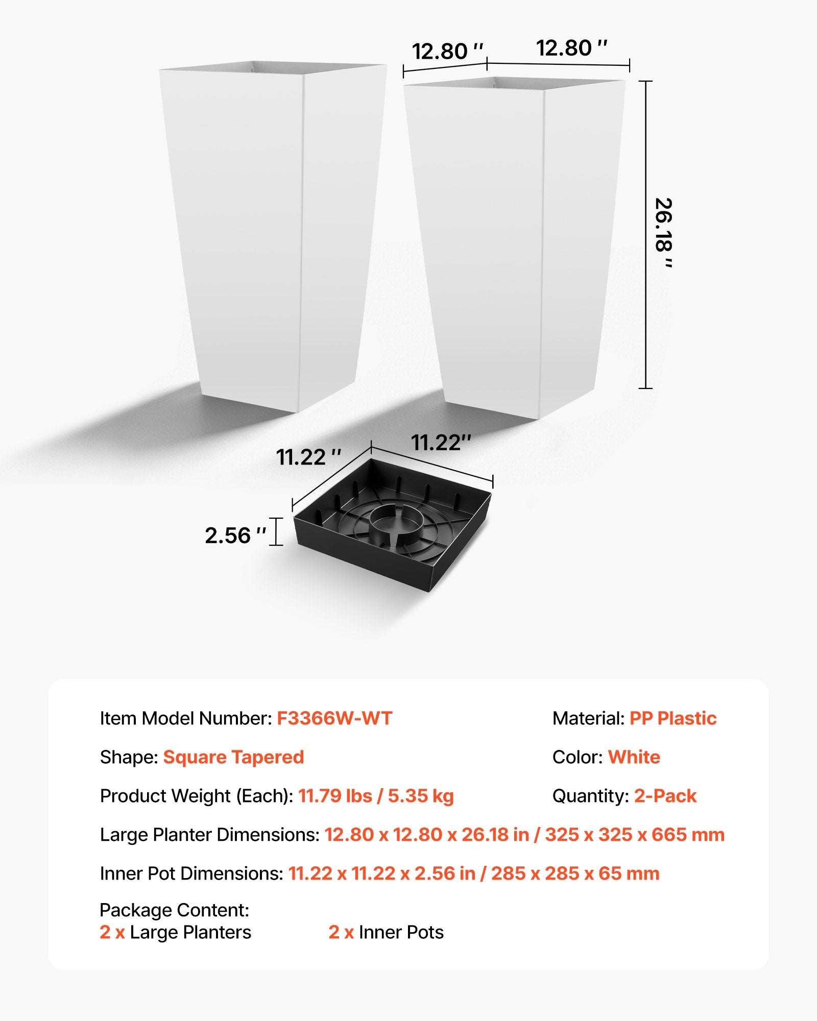 Aukšti lauko vazonai VEVOR F3366W-WT, 665 mm
