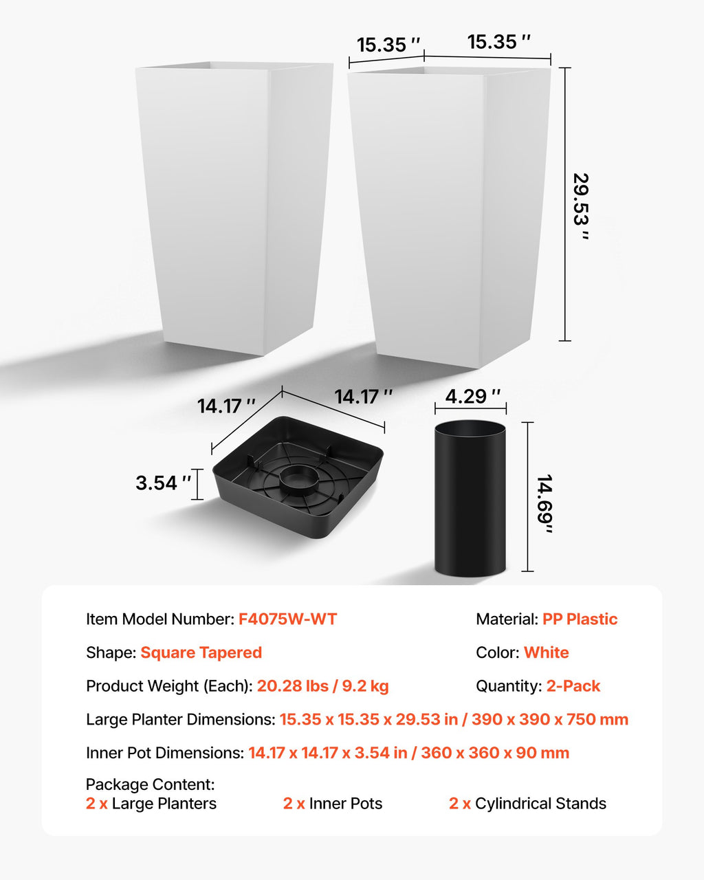 Aukšti vazonai VEVOR F4075W-WT, 750 mm aukščio