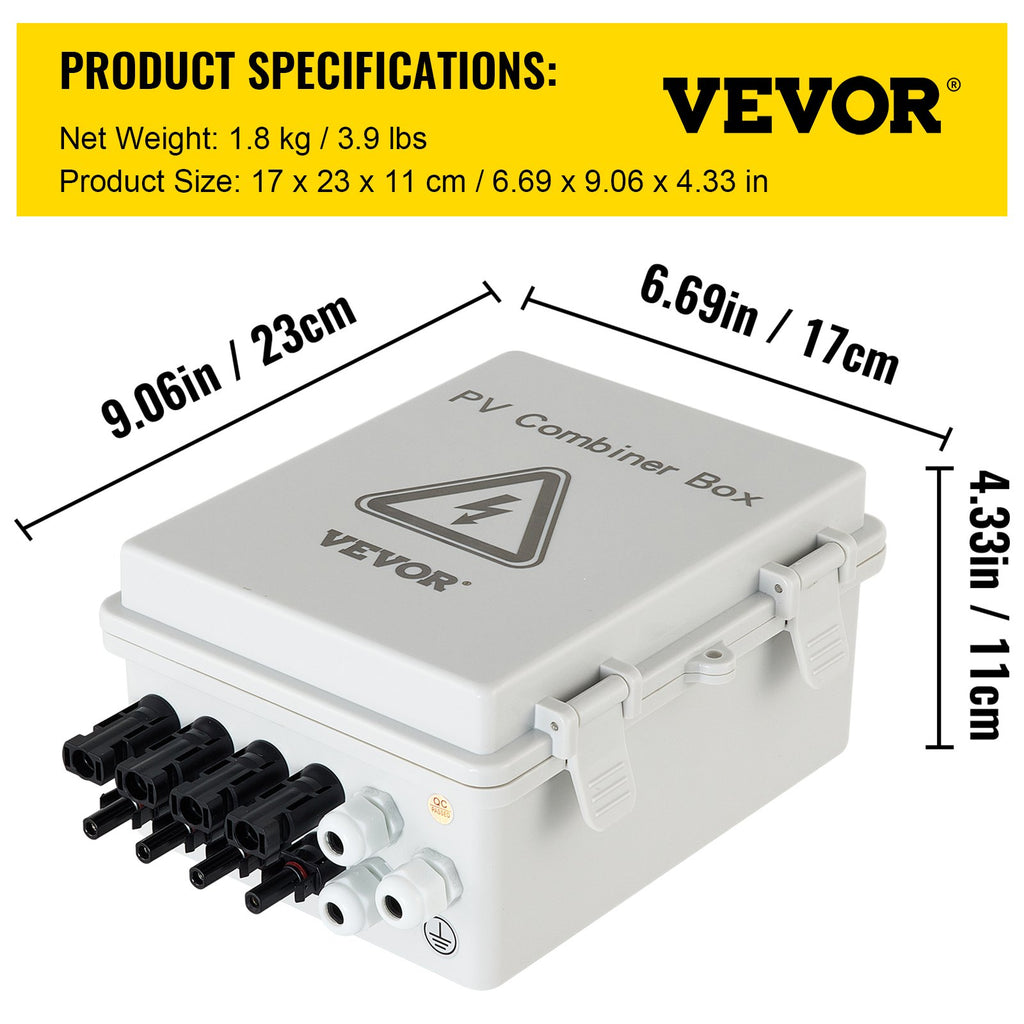 Saulės elektrinės sujungimo dėžutė VEVOR SP-HL-P202010-15A, 4 kanalų