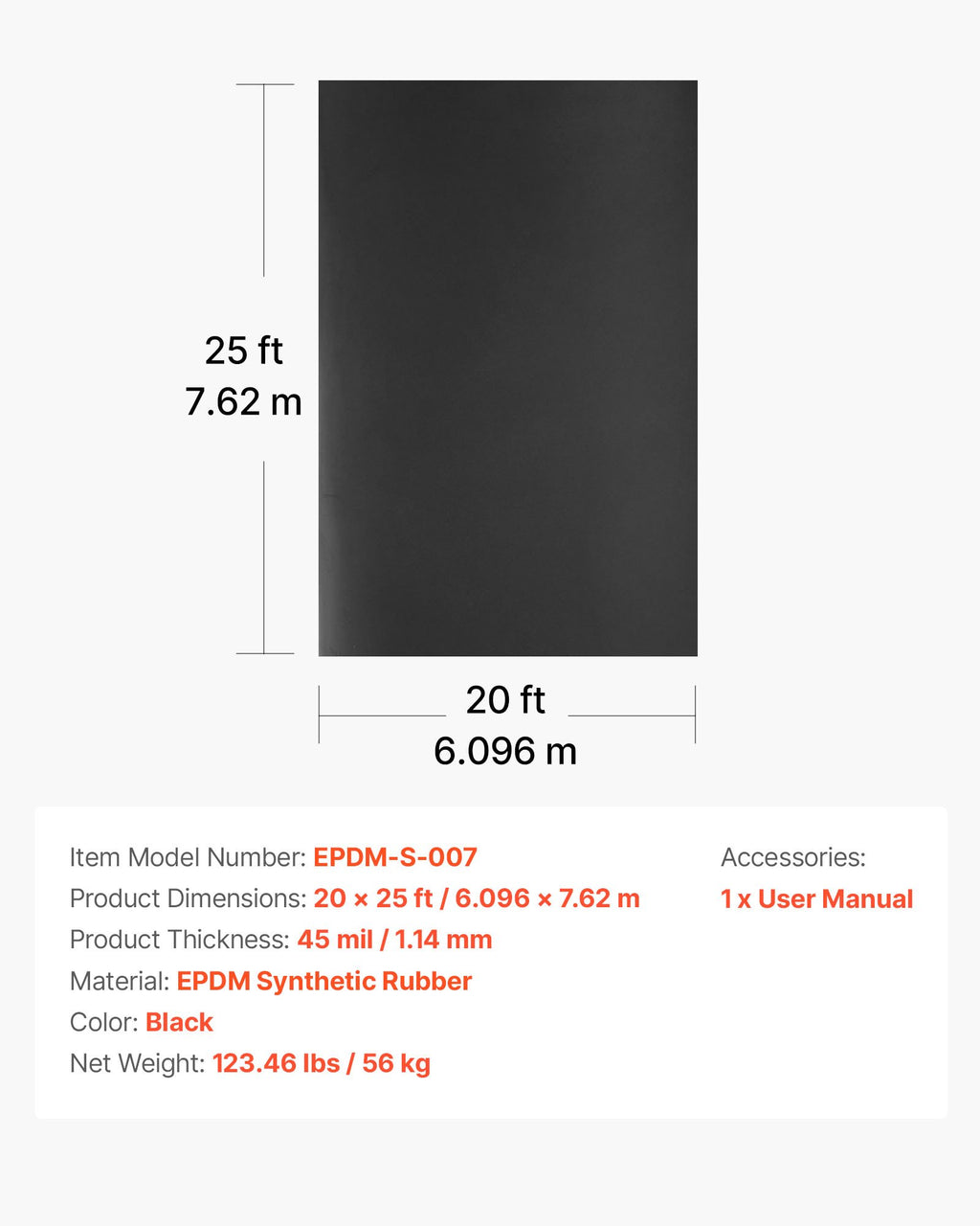 EPDM stogo danga VEVOR EPDM-S-007, 6,1 x 7,6 m