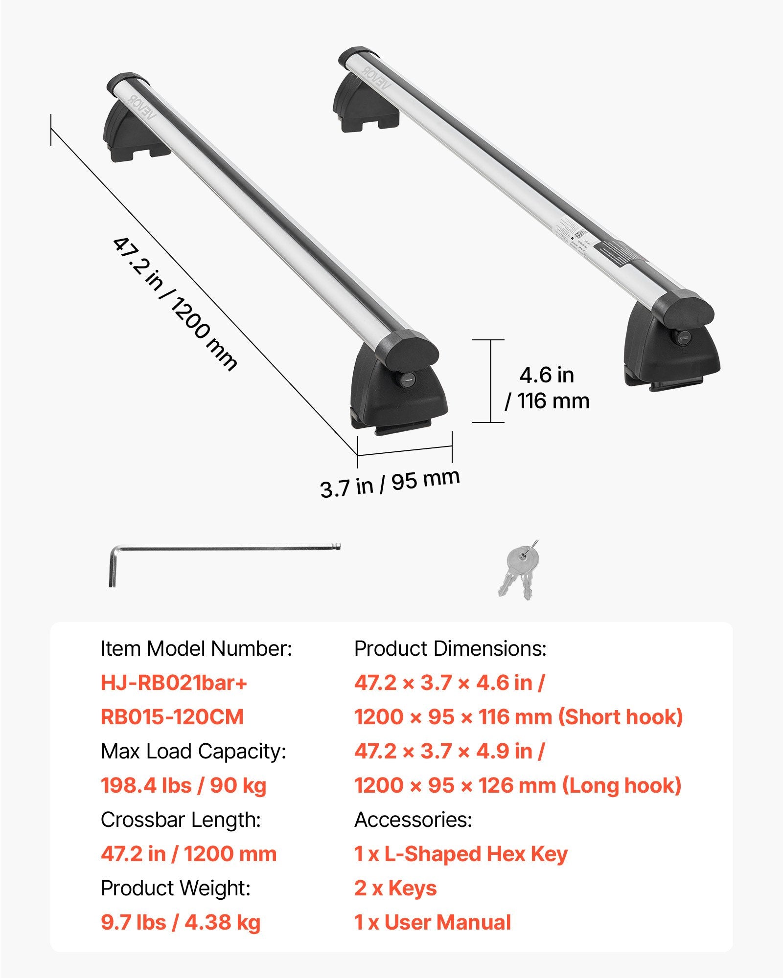 Stogo skersiniai VEVOR HJ-RB021bar+RB015-120CM, 90 kg keliamoji galia