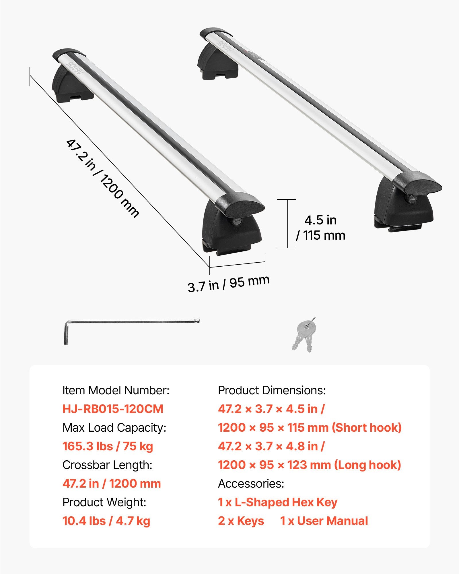 Stogo bagažinės skersiniai VEVOR HJ-RB015-120CM, 75 kg keliamoji galia