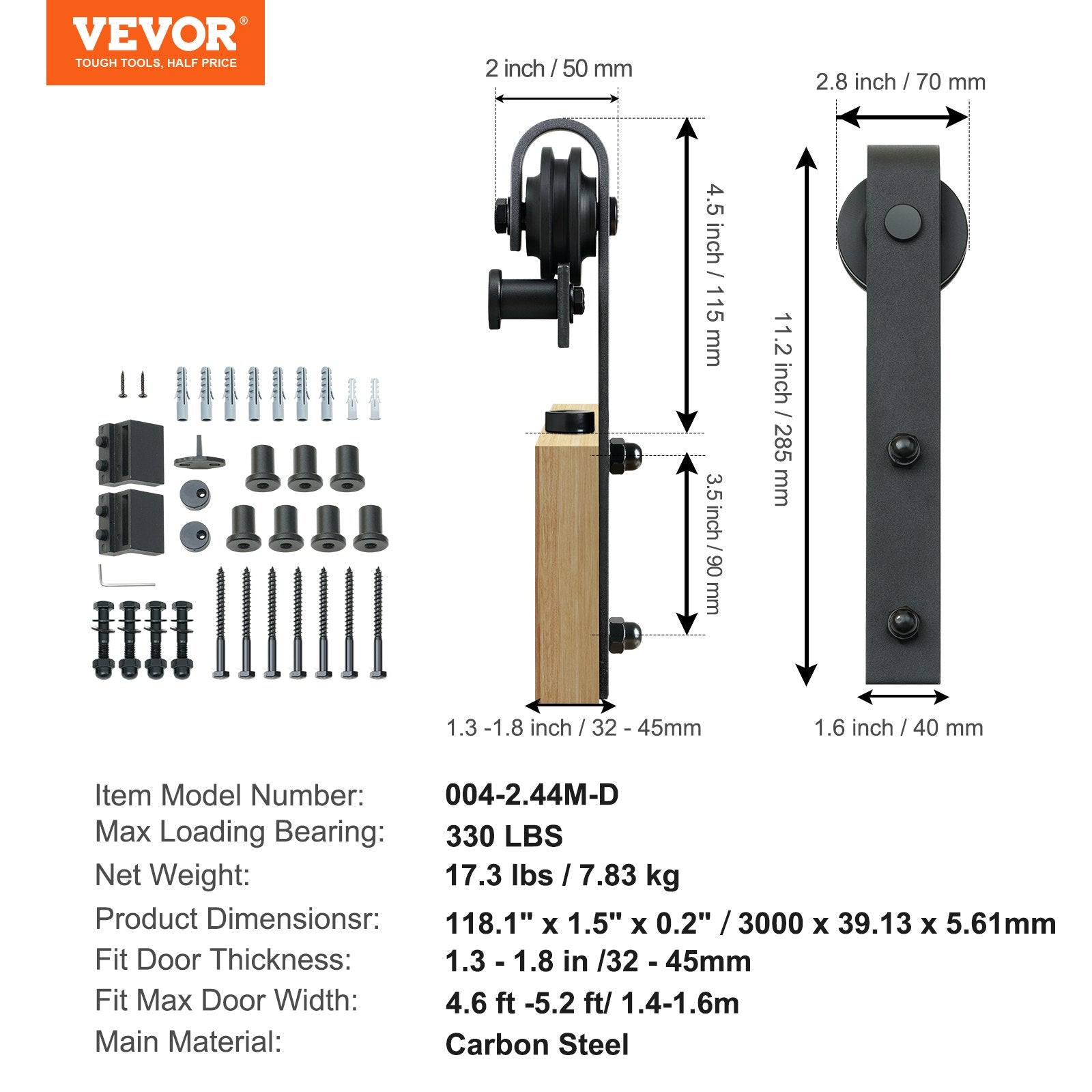 Stumdomų durų mechanizmas VEVOR 004-2.44M-D, 304,8 cm