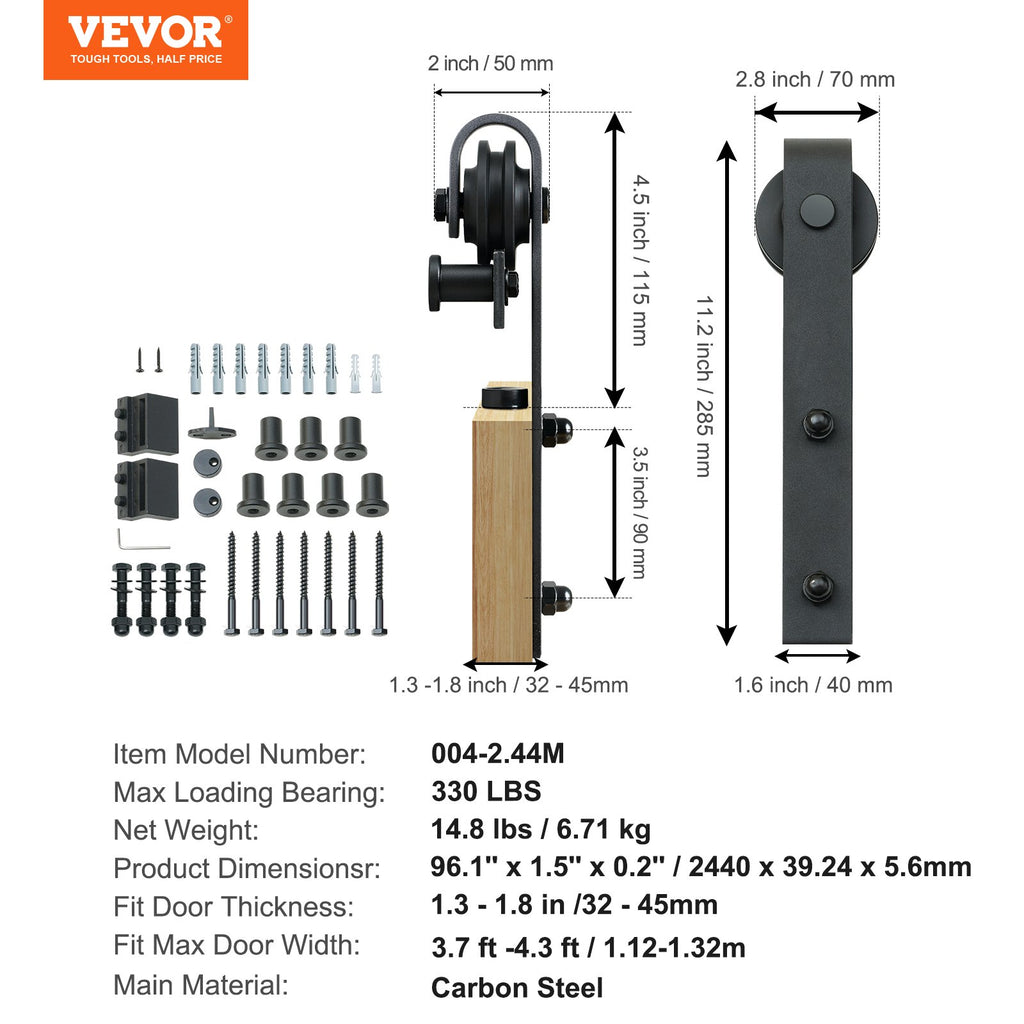 Stumdomų durų furnitūros komplektas VEVOR 004-2.44M, 244 cm ilgio