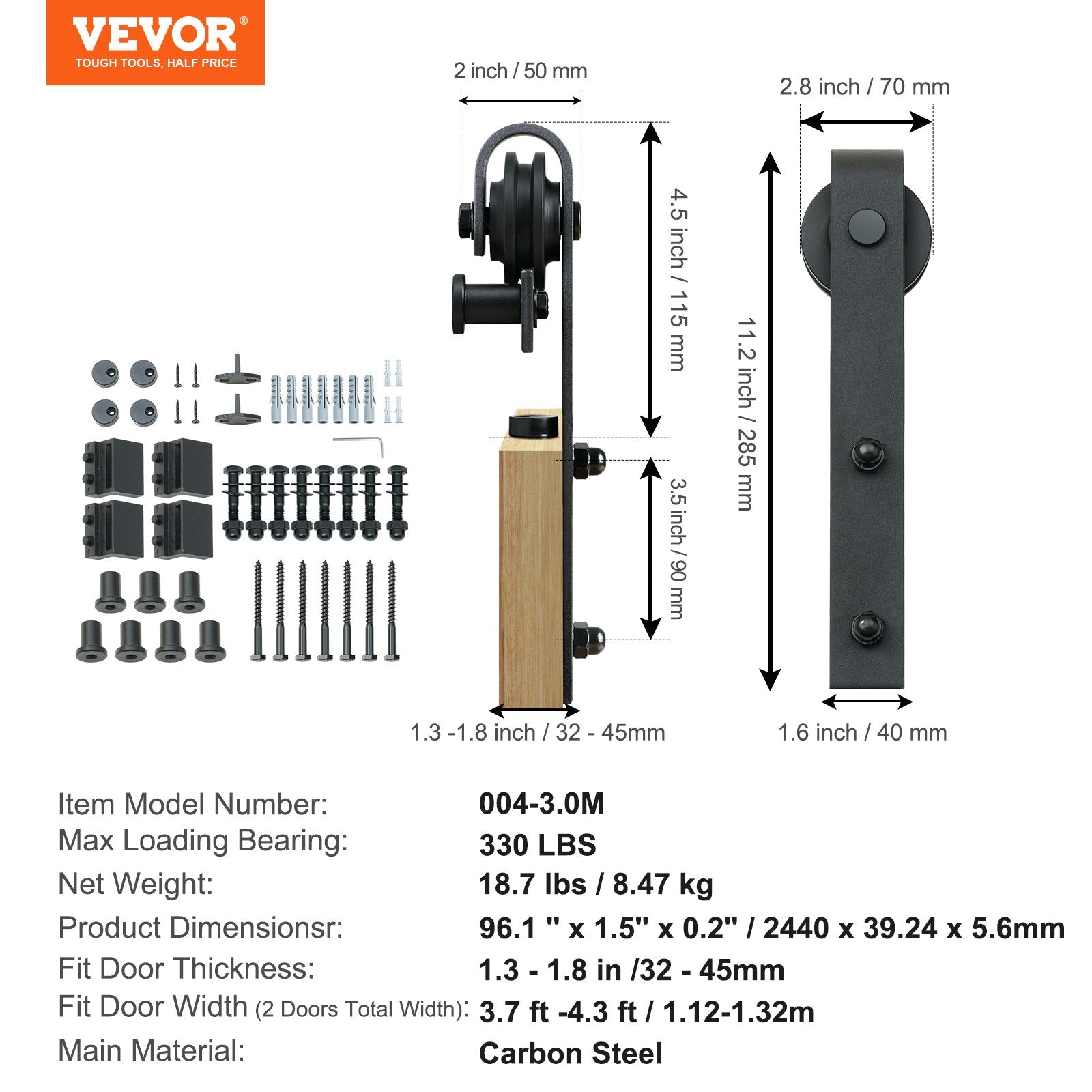 Stumdomų durų mechanizmas VEVOR 004-3.0M, 243,8 cm