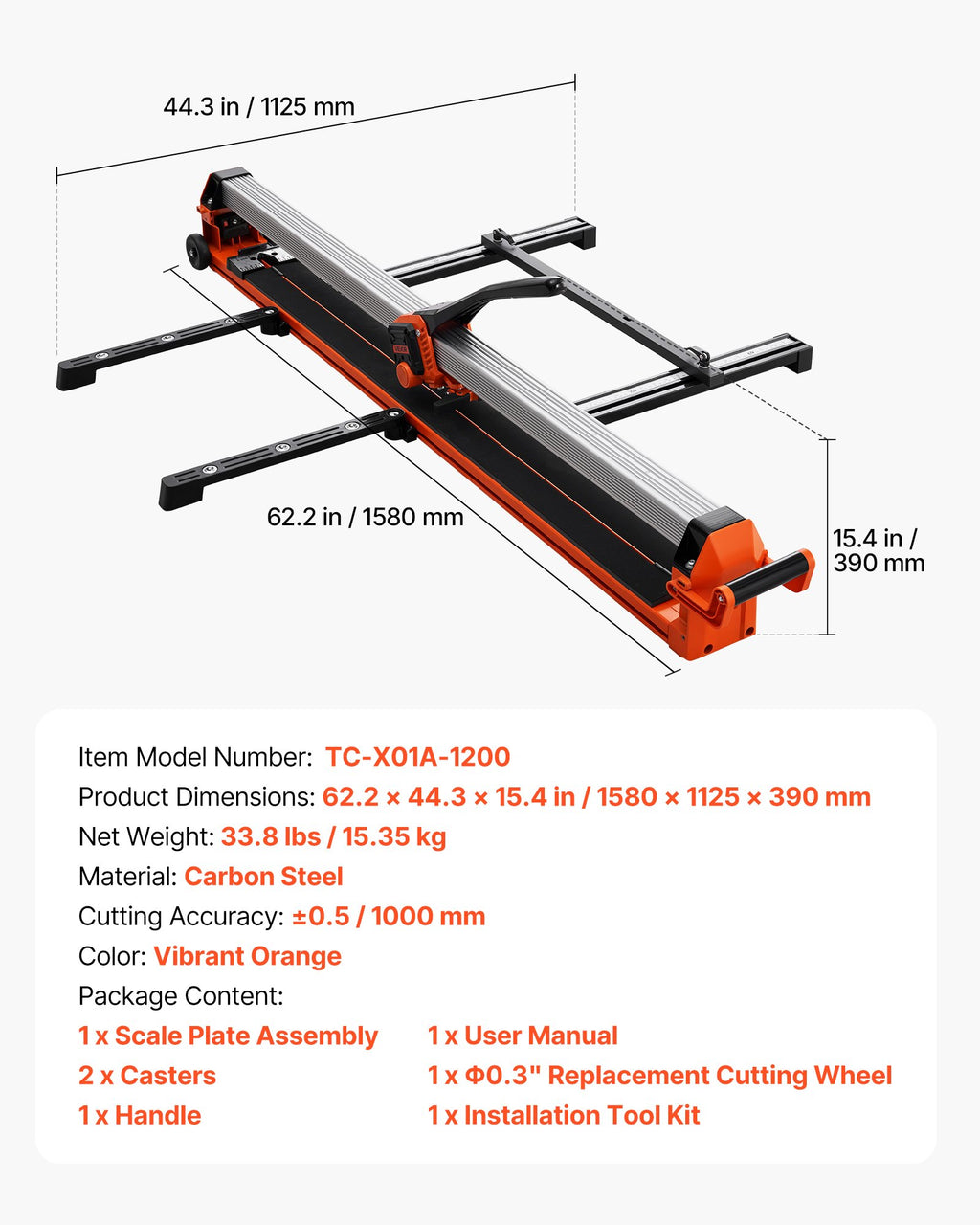 Mechaninės plytelių pjovimo staklės VEVOR TC-X01A-1200, 1200 mm