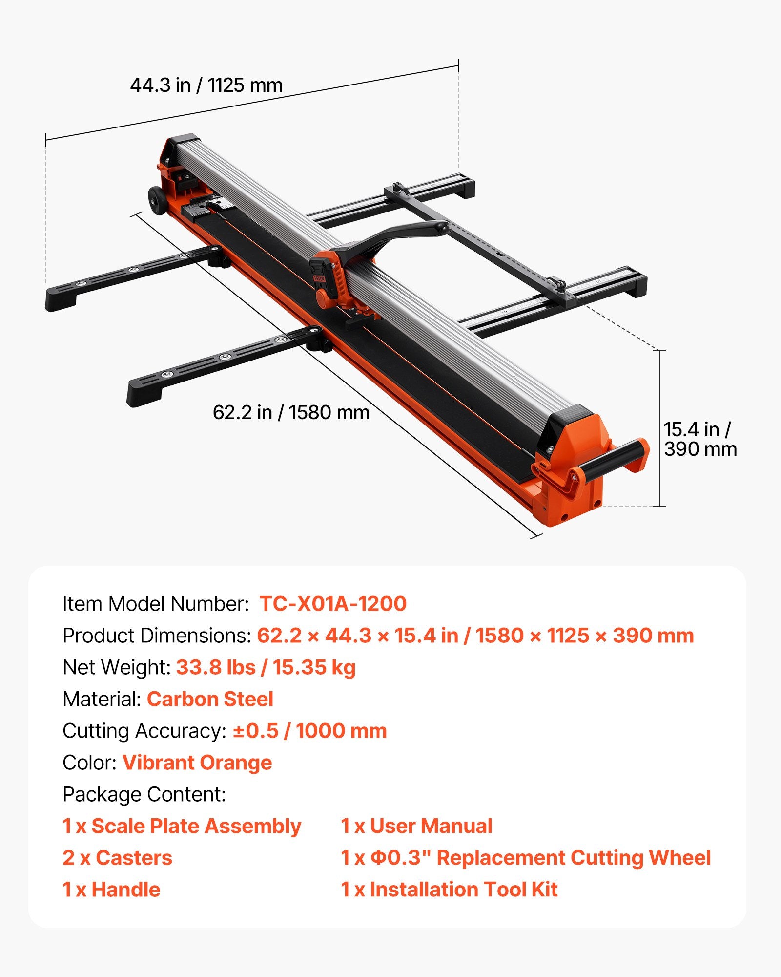 Mechaninės plytelių pjovimo staklės VEVOR TC-X01A-1200, 1200 mm