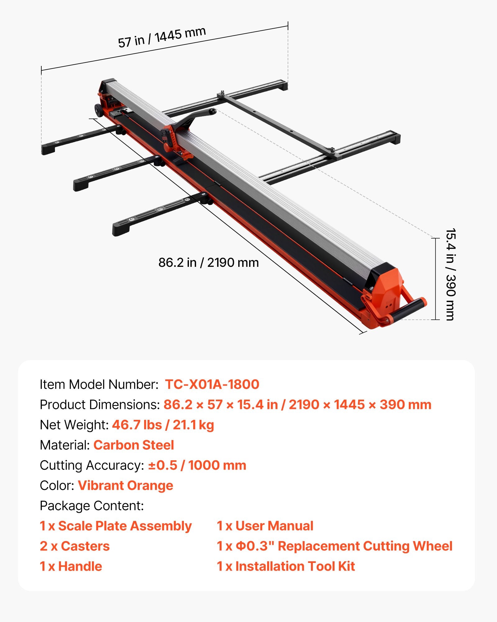 Rankinės plytelių pjovimo staklės VEVOR TC-X01A-1800, 1800 mm
