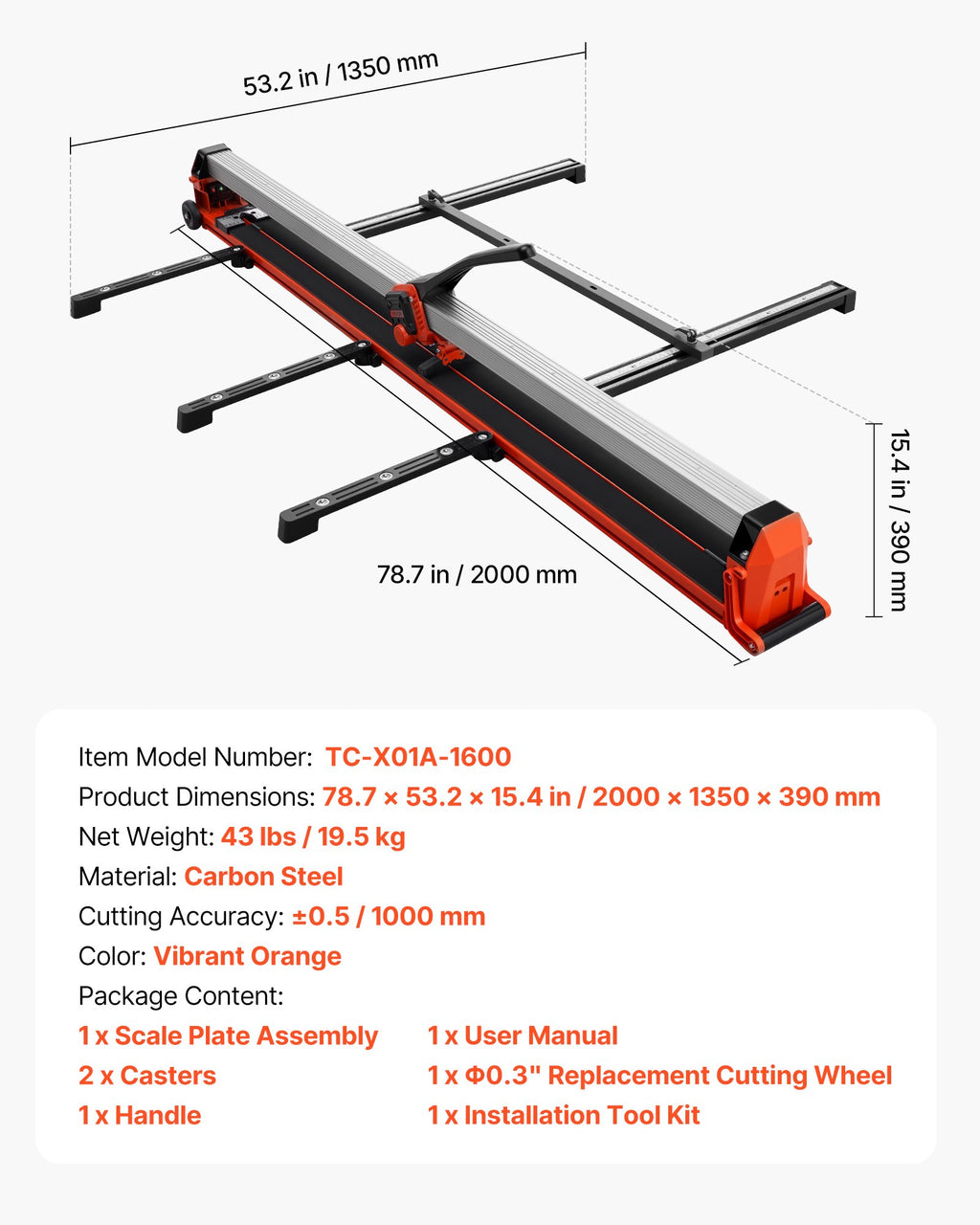 Rankinės plytelių pjovimo staklės VEVOR TC-X01A-1600, 1600 mm