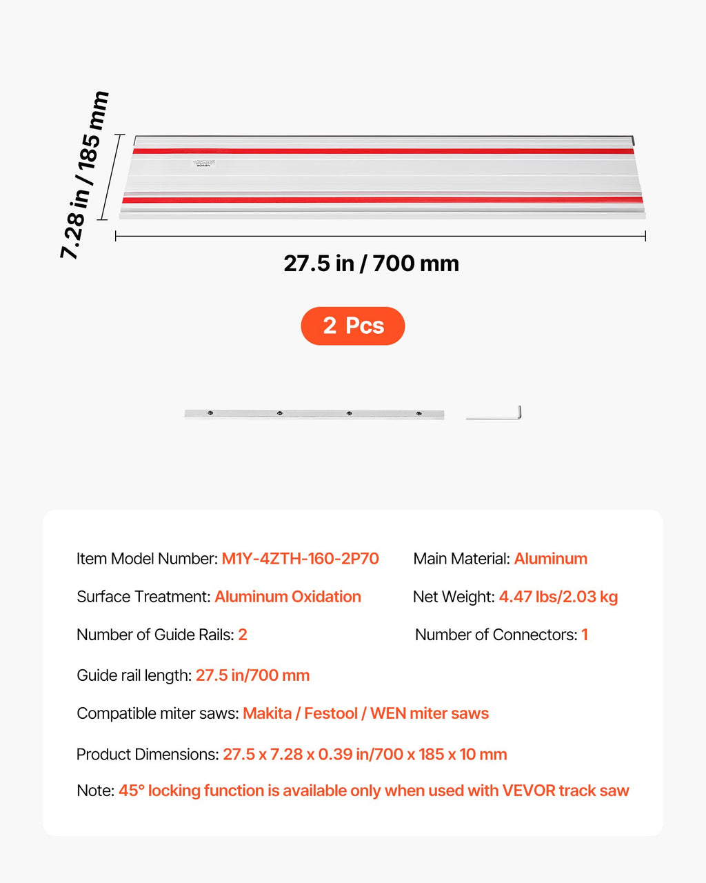 Kreipiančioji liniuotė diskiniam pjūklui VEVOR M1Y-4ZTH-160-2P70, 1397 mm