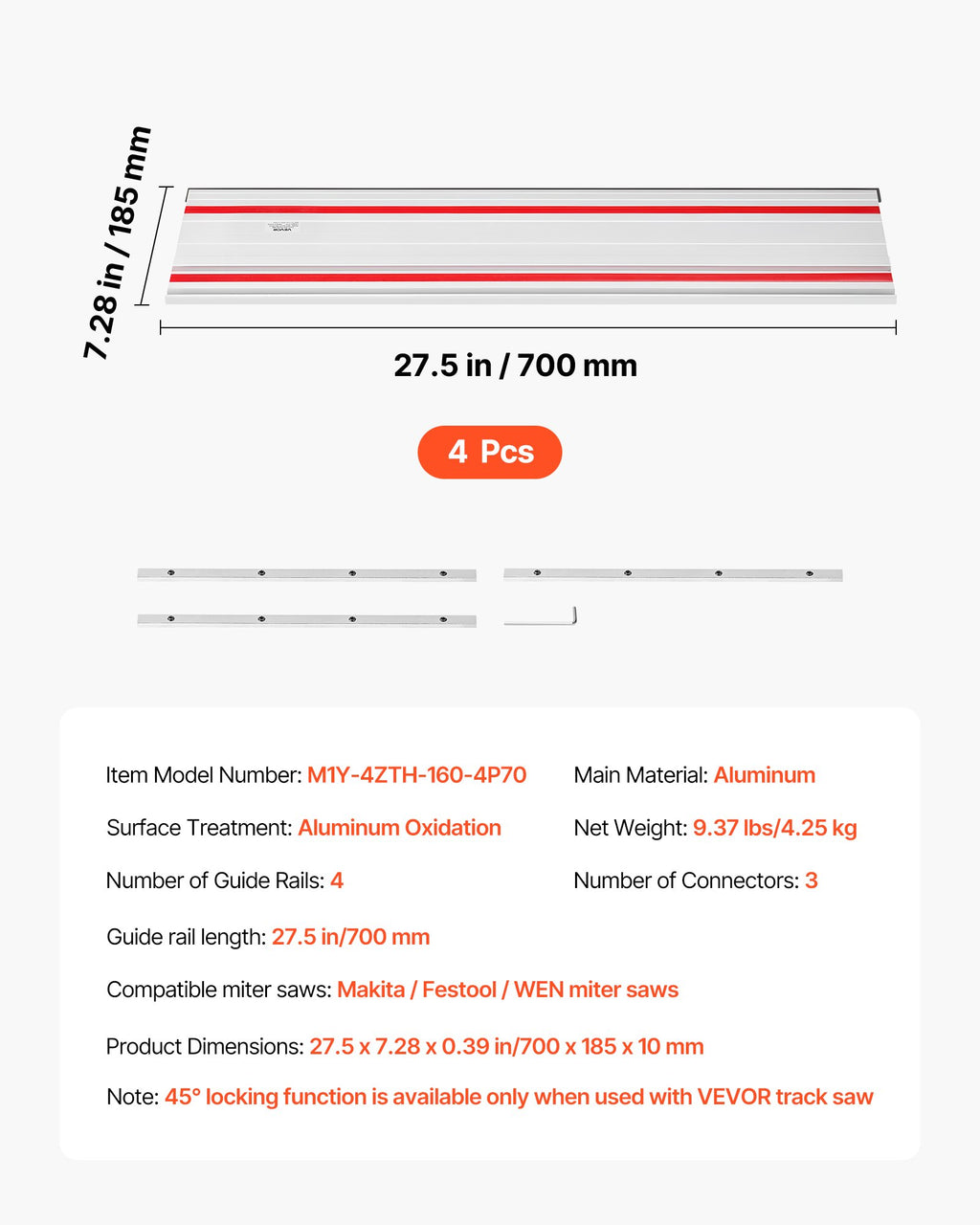 Kreipiančioji liniuotė diskiniam pjūklui VEVOR M1Y-4ZTH-160-4P70, 2794 mm