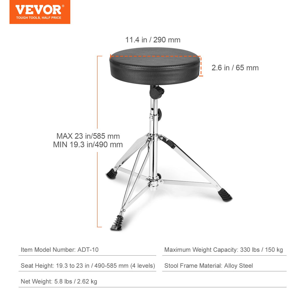 Būgnininko kėdė VEVOR ADT-10, reguliuojamas aukštis 490–585 mm