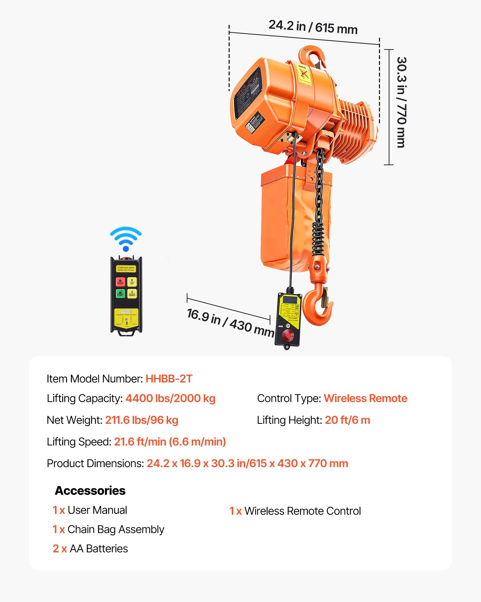Elektrinis grandininis keltuvas VEVOR HHBB-2T, 2000 kg