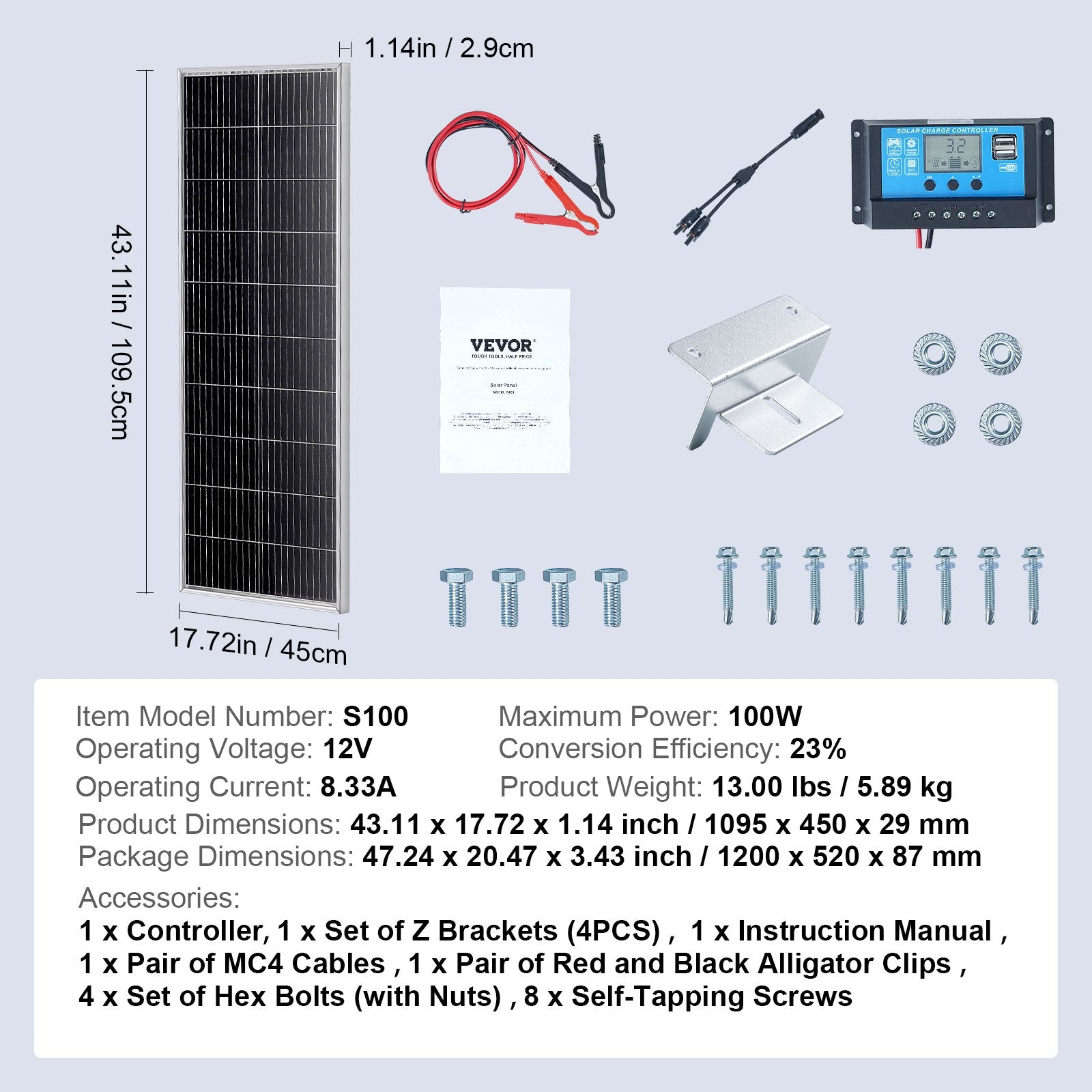 Monokristalinis saulės baterijų komplektas VEVOR S100, 100W