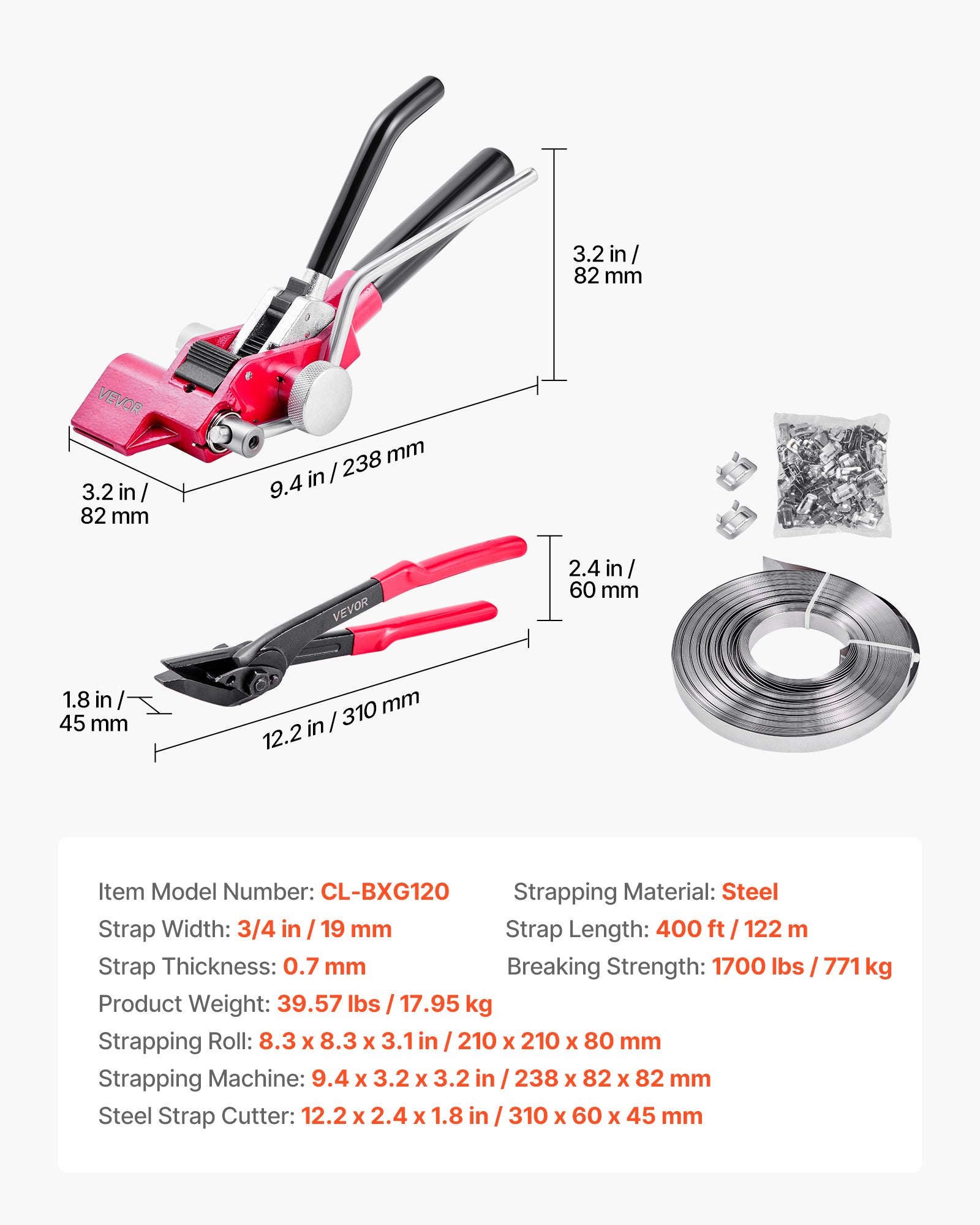 Plieninės juostos tvirtinimo rinkinys VEVOR CL-BXG120, 122 m juosta