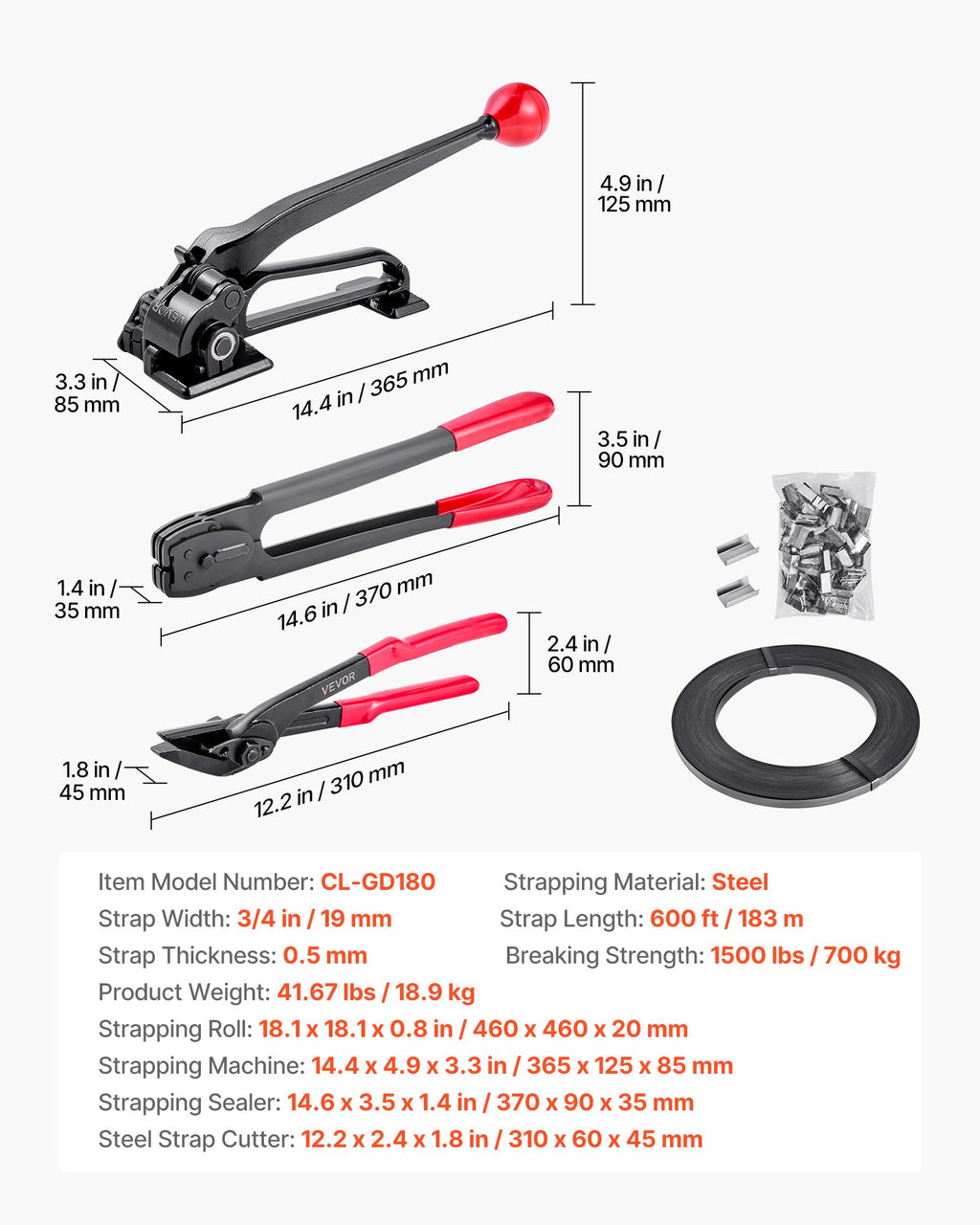 Plieno juostos tvirtinimo rinkinys VEVOR CL-GD180, 183 m juosta