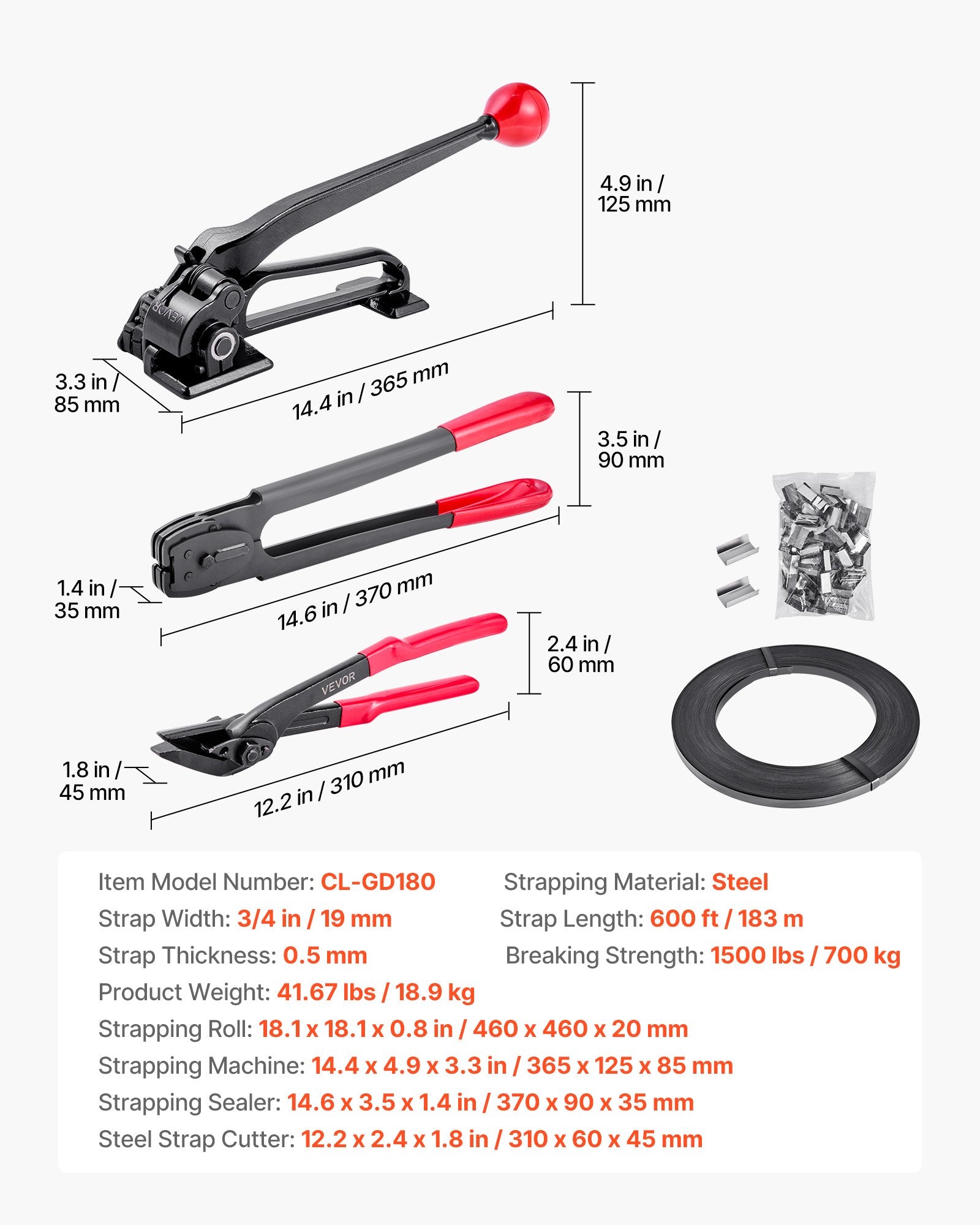 Plieno juostos tvirtinimo rinkinys VEVOR CL-GD180, 183 m juosta