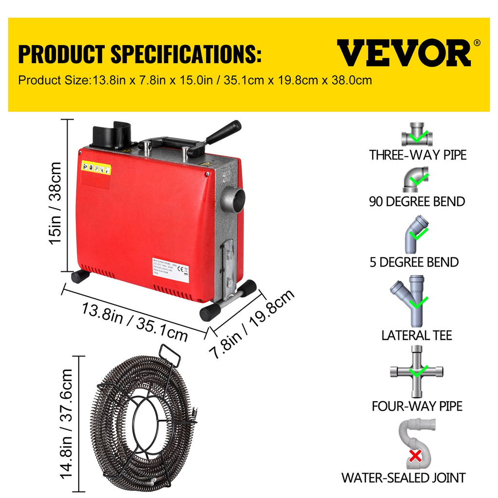 Vamzdžių valymo įrenginys VEVOR Drain Auger, 250W