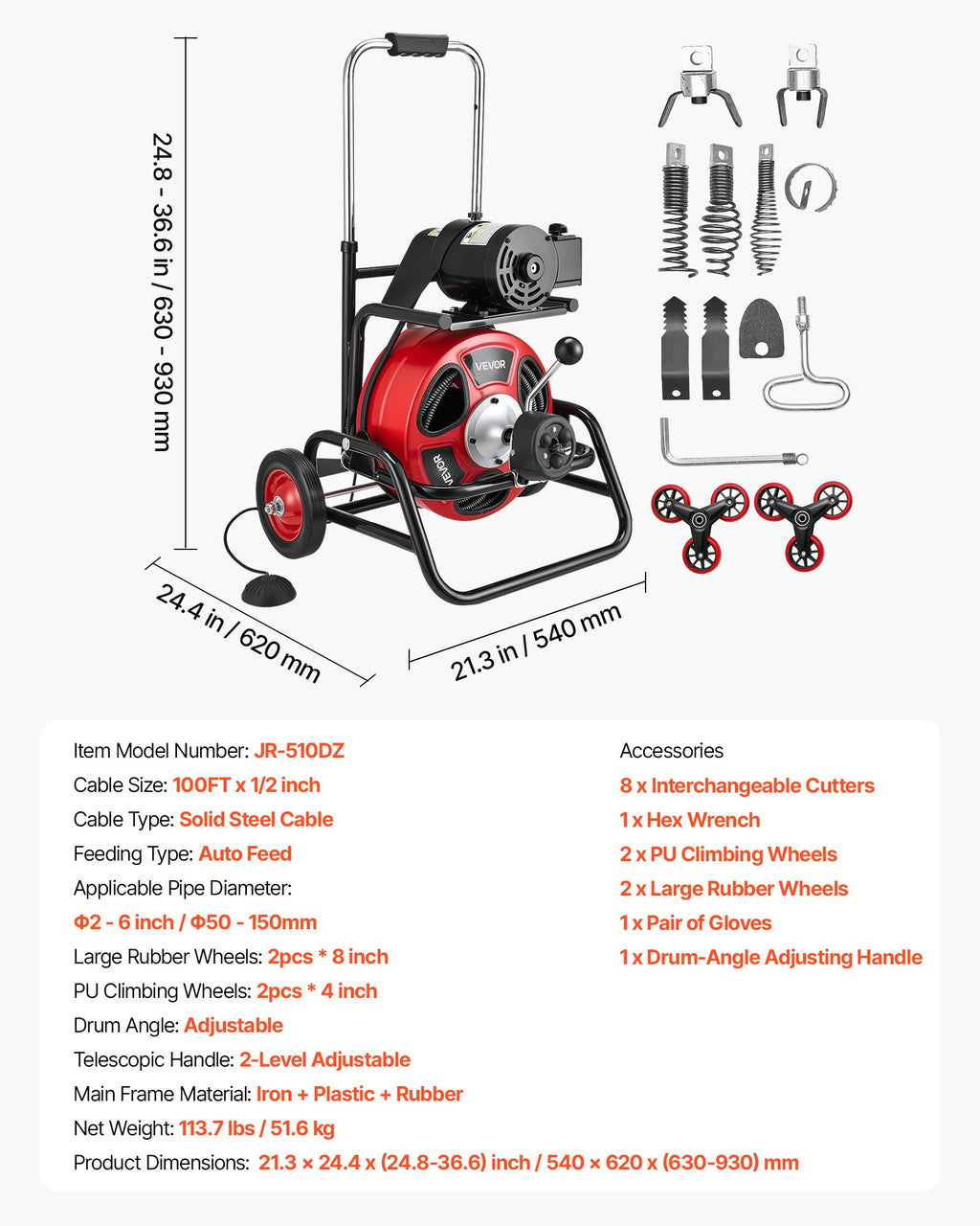 Vamzdžių valymo mašina VEVOR JR-510DZ, 30 m x 12,7 mm