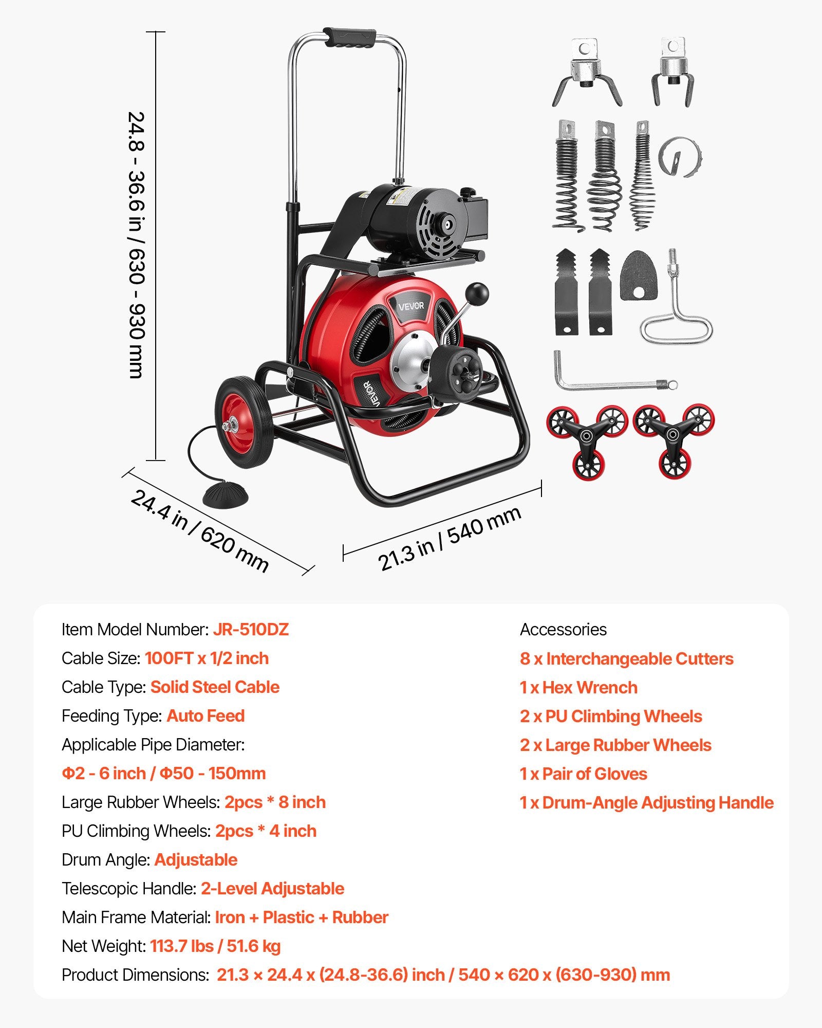 Vamzdžių valymo mašina VEVOR JR-510DZ, 30 m x 12,7 mm