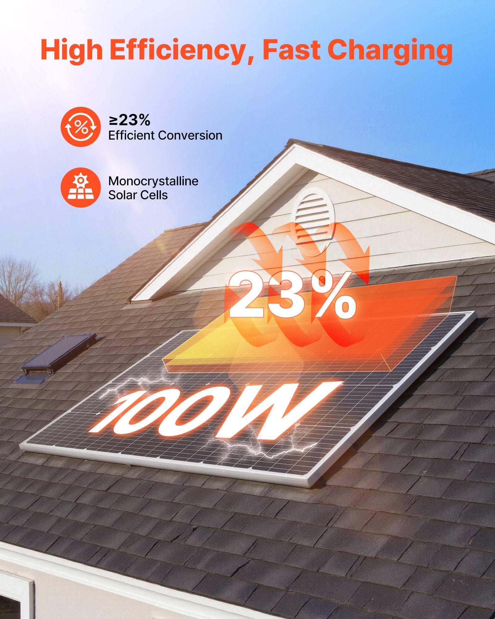 Monokristalinė saulės baterija VEVOR 100W, 23 % efektyvumas