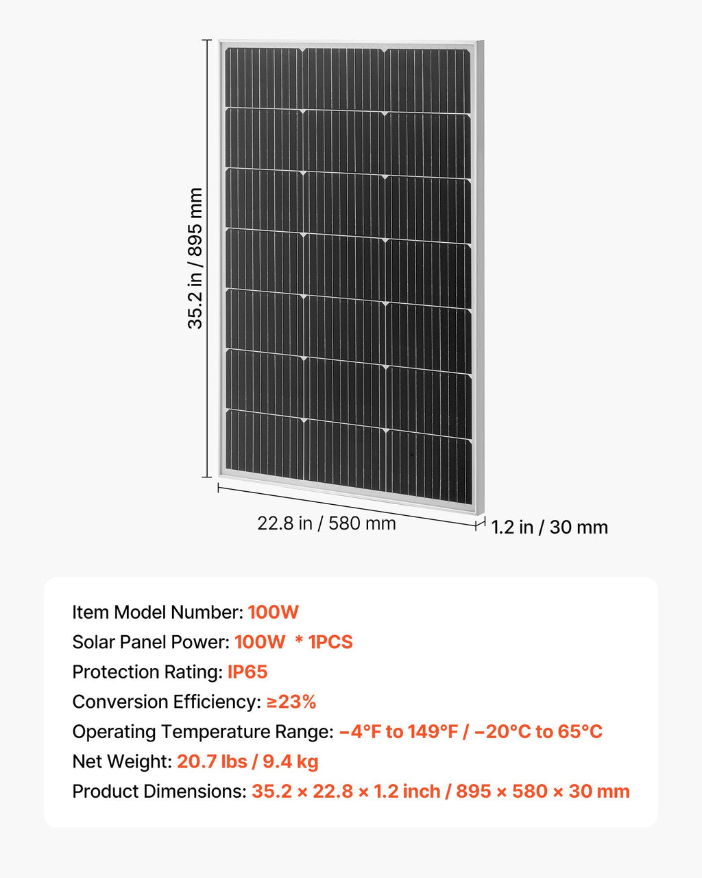 Monokristalinė saulės baterija VEVOR 100W, 23 % efektyvumas