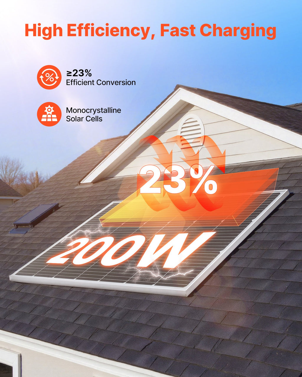Monokristalinė saulės baterija VEVOR 200W, 23 % efektyvumas