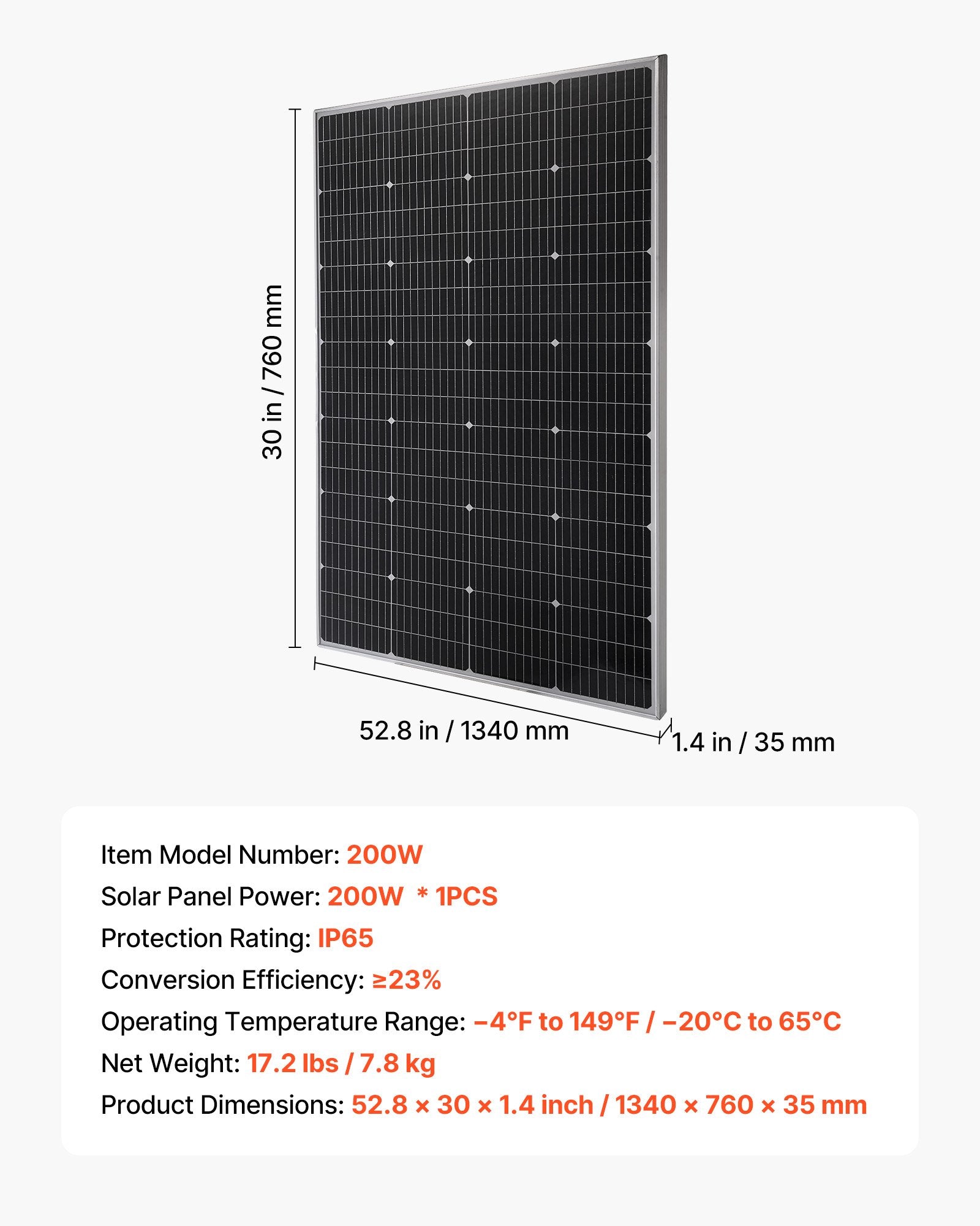 Monokristalinė saulės baterija VEVOR 200W, 23 % efektyvumas