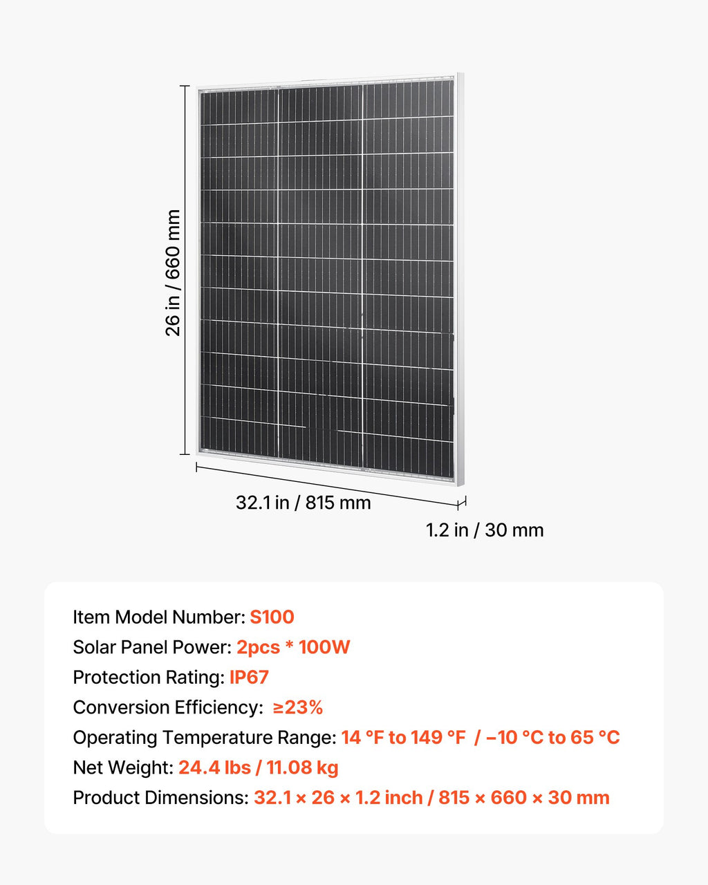 Dvišalės saulės baterijos VEVOR S100, 2x100W