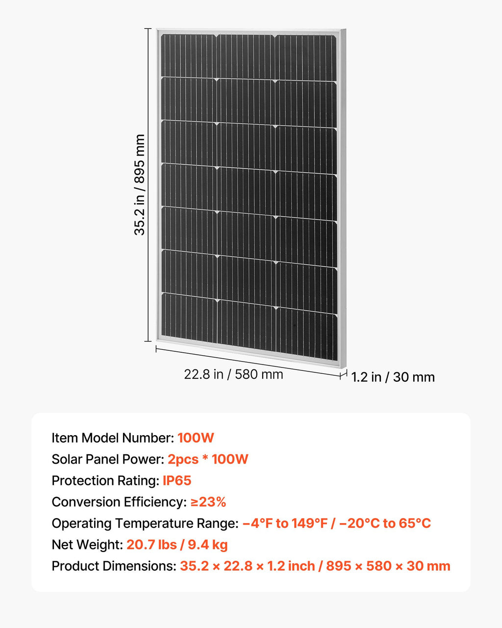 Saulės baterijų komplektas VEVOR 100W, 2 vnt., 23 % efektyvumas