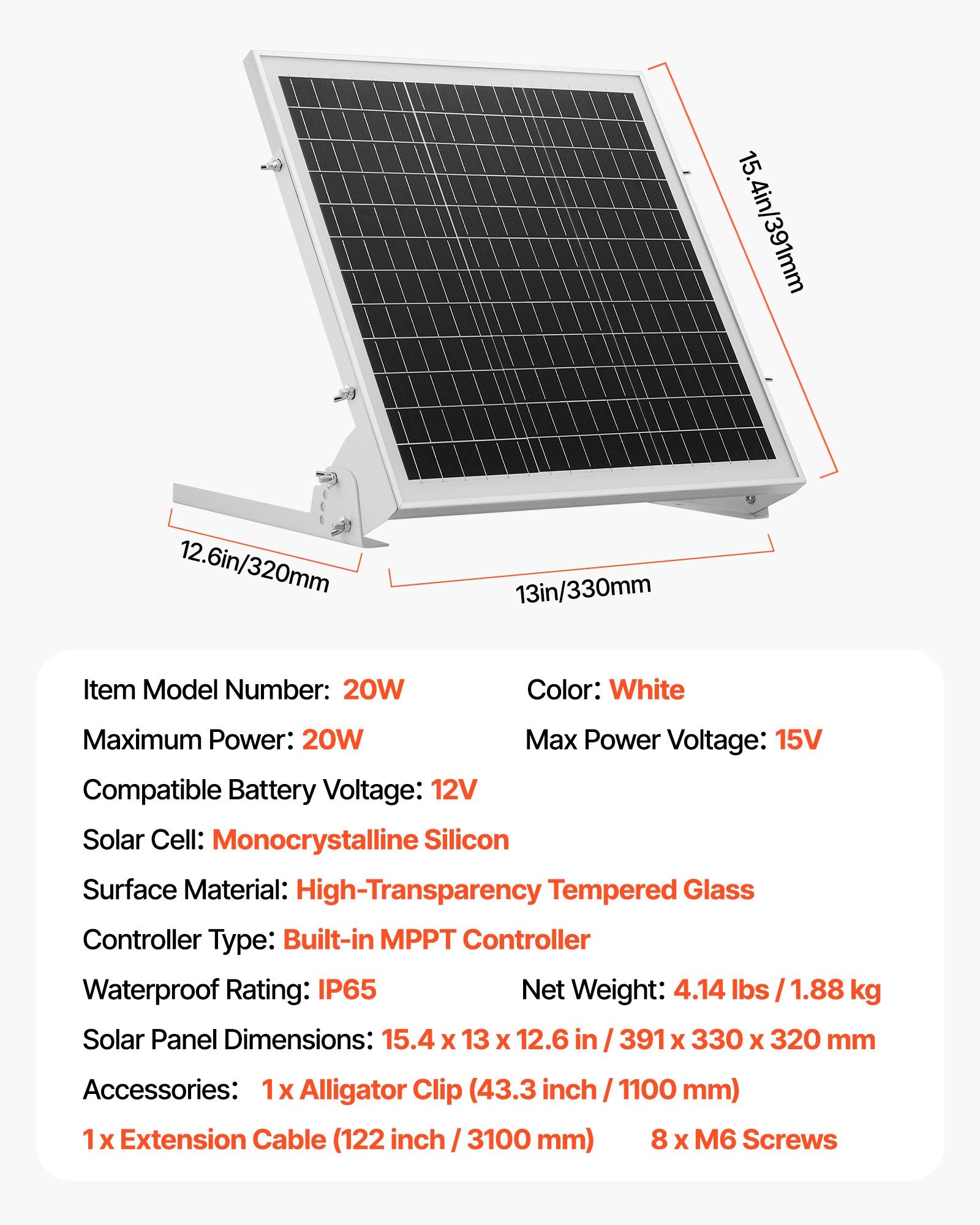 Saulės baterijų įkroviklis VEVOR 20W, 12V