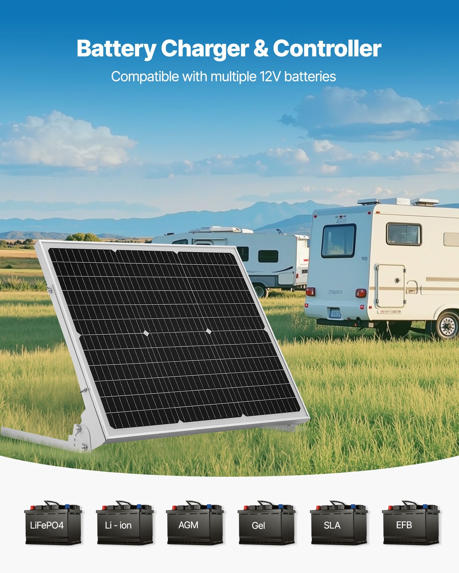 Saulės baterijų įkroviklis ir palaikytojas VEVOR 50W, 12V 50W