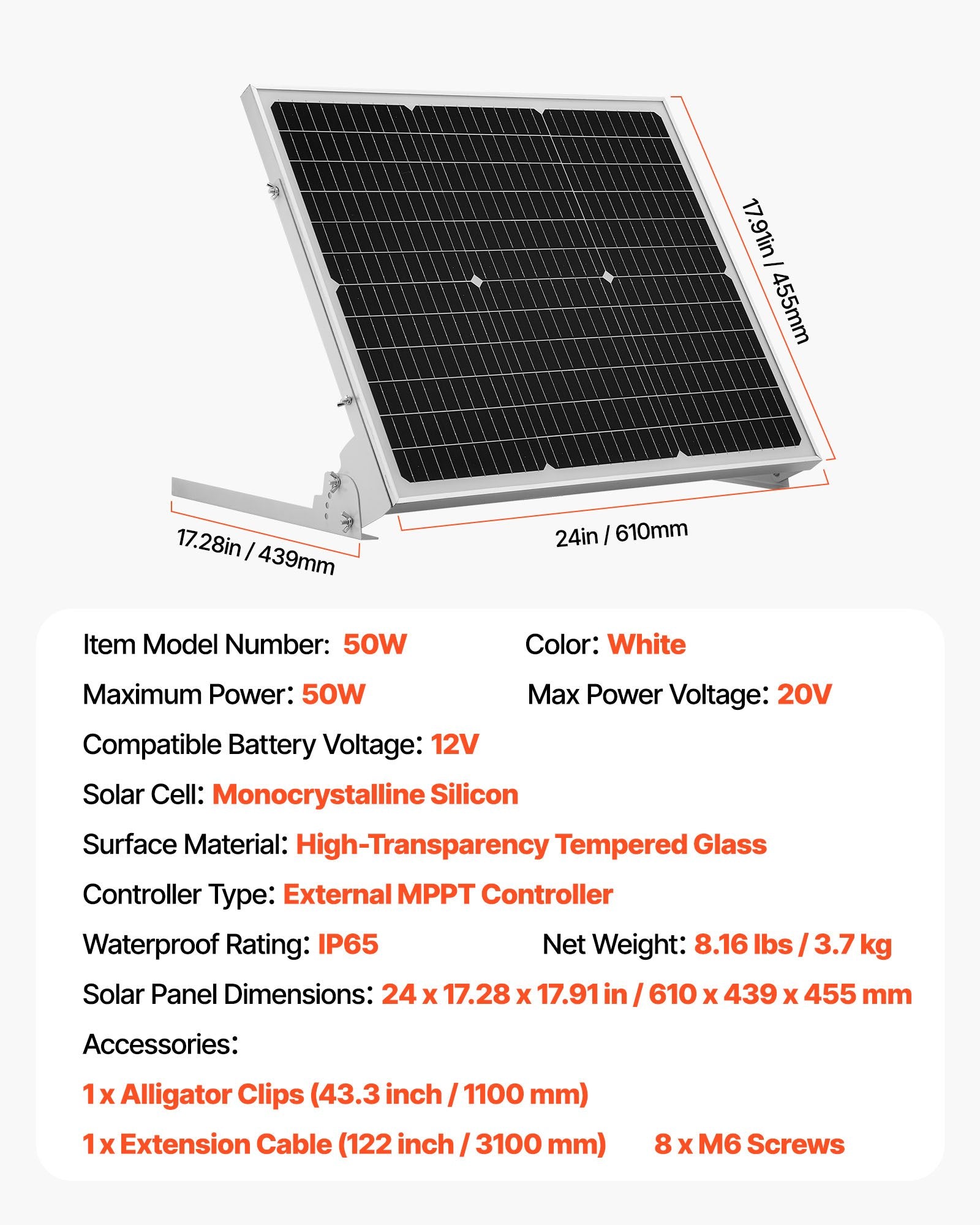 Saulės baterijų įkroviklis ir palaikytojas VEVOR 50W, 12V 50W