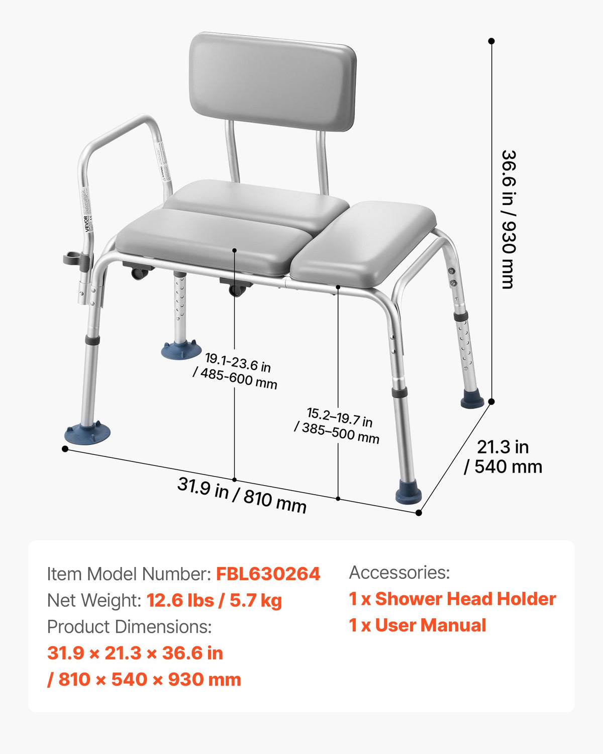 Vonios suoliukas-perkėlimo kėdė VEVOR FBL630264, 227 kg keliamoji galia