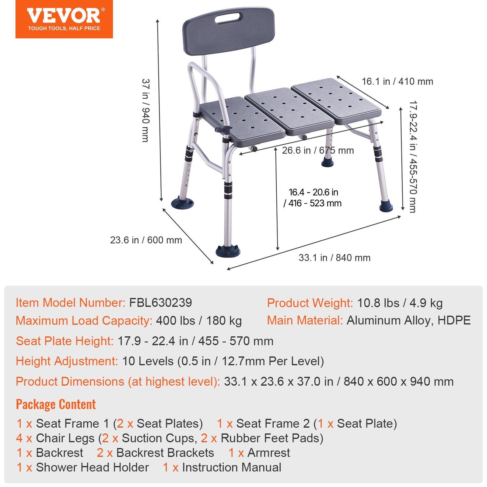 Vonios suoliukas-perkėlimo kėdė VEVOR FBL630239, 180 kg apkrova
