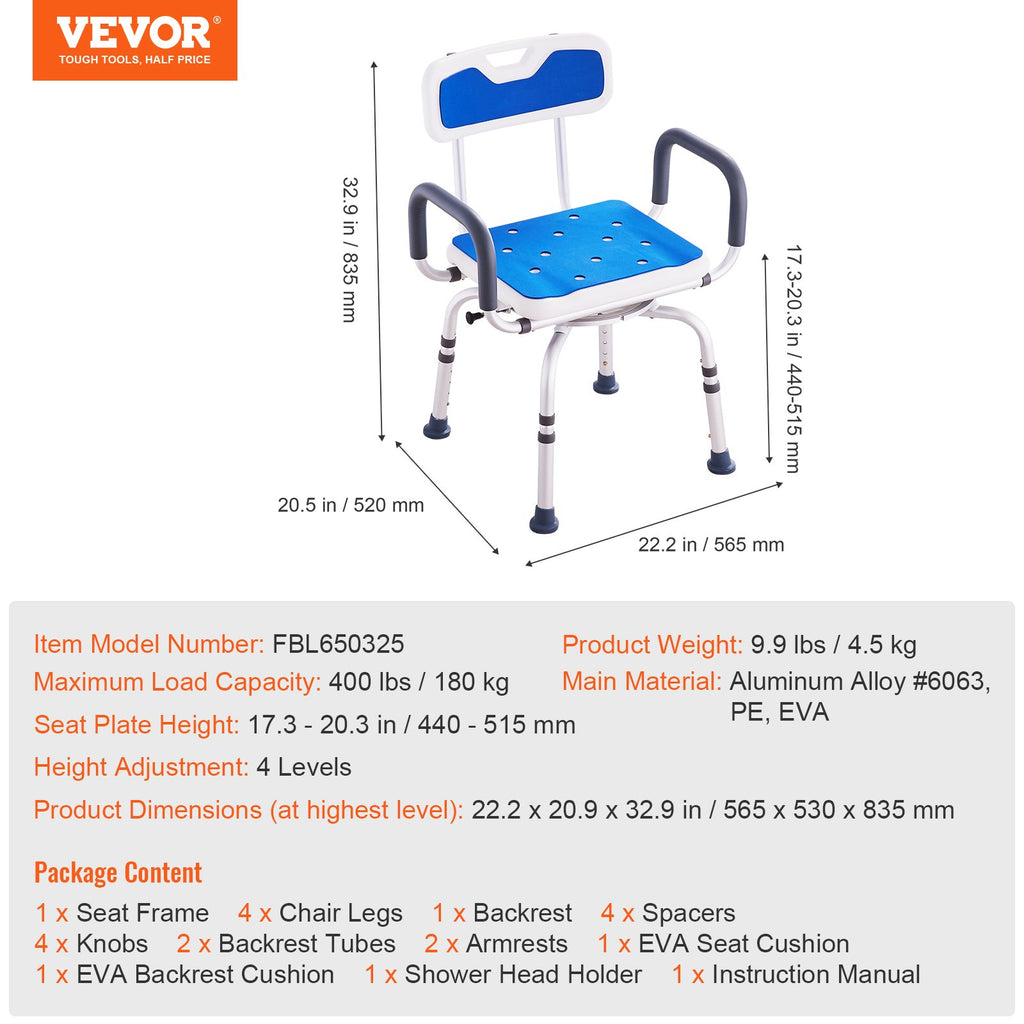 Pasukama dušo kėdė VEVOR FBL650325, 180 kg apkrova